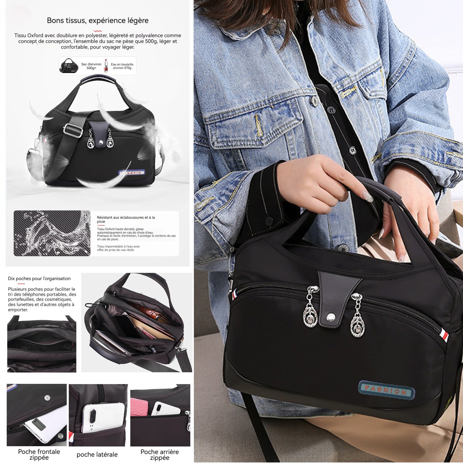 Sac Bandoulière Femme Grande Capacité Sac à Main Bandoulière avec 10 Comparitments Sac Multipoches Bandoulière Oxford Imperméable