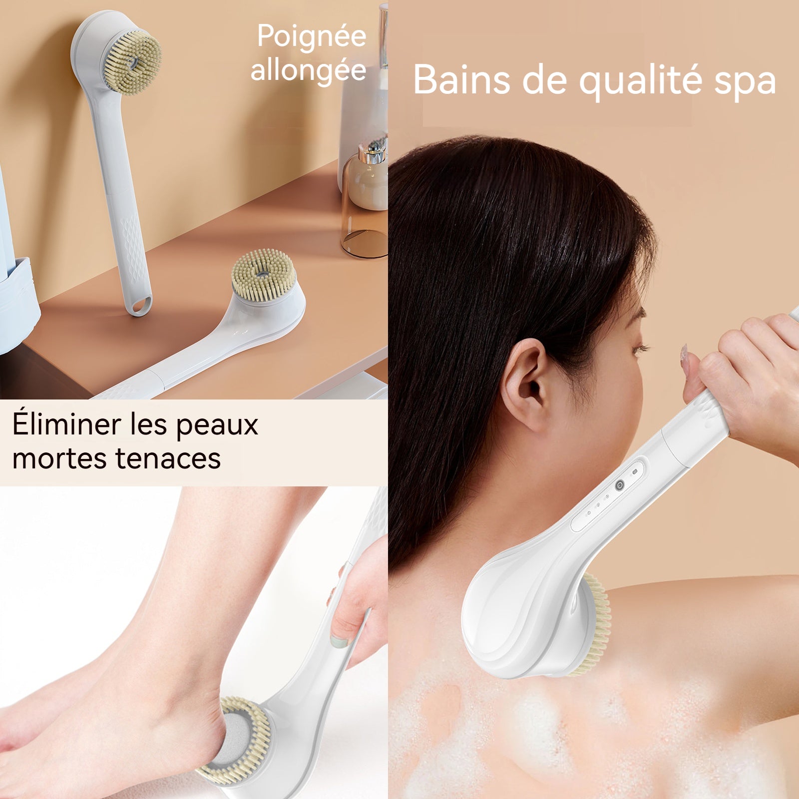 Brosse Dos Douche 1200mA Nettoyage en profondeur 6 modes Résistant à l'eau IPX7 Chargement USB Brosse De Douche éLectrique blanc