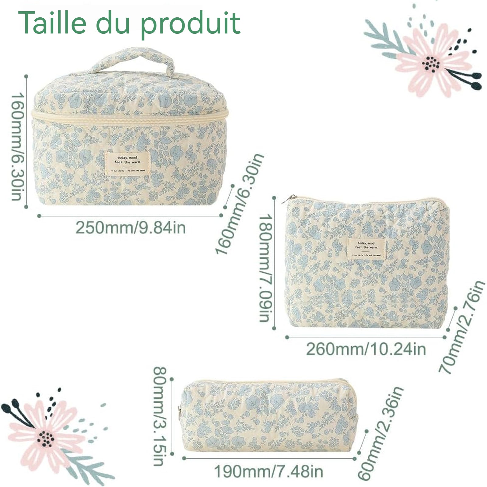 Lot de 3 Trousse de toilette de Voyage Pour Femmes Tissu coton doux Volume élevé Trousse de Maquillage Motifs fleuris bleu clair