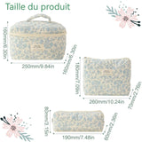 Lot de 3 Trousse de toilette de Voyage Pour Femmes Tissu coton doux Volume élevé Trousse de Maquillage Motifs fleuris bleu clair