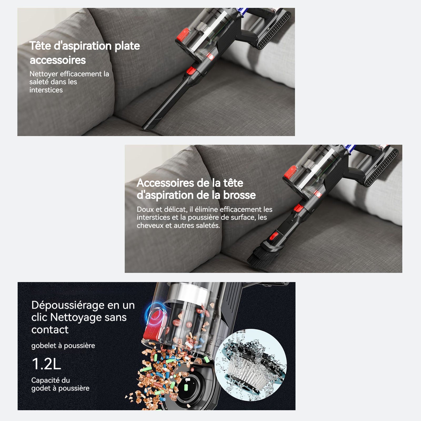 Aspirateur Balai sans Fil 550w 35kpa1.2L 3 vitesses Haute puissance Pour les sols durs et moquette Aspirateur à main pour maison