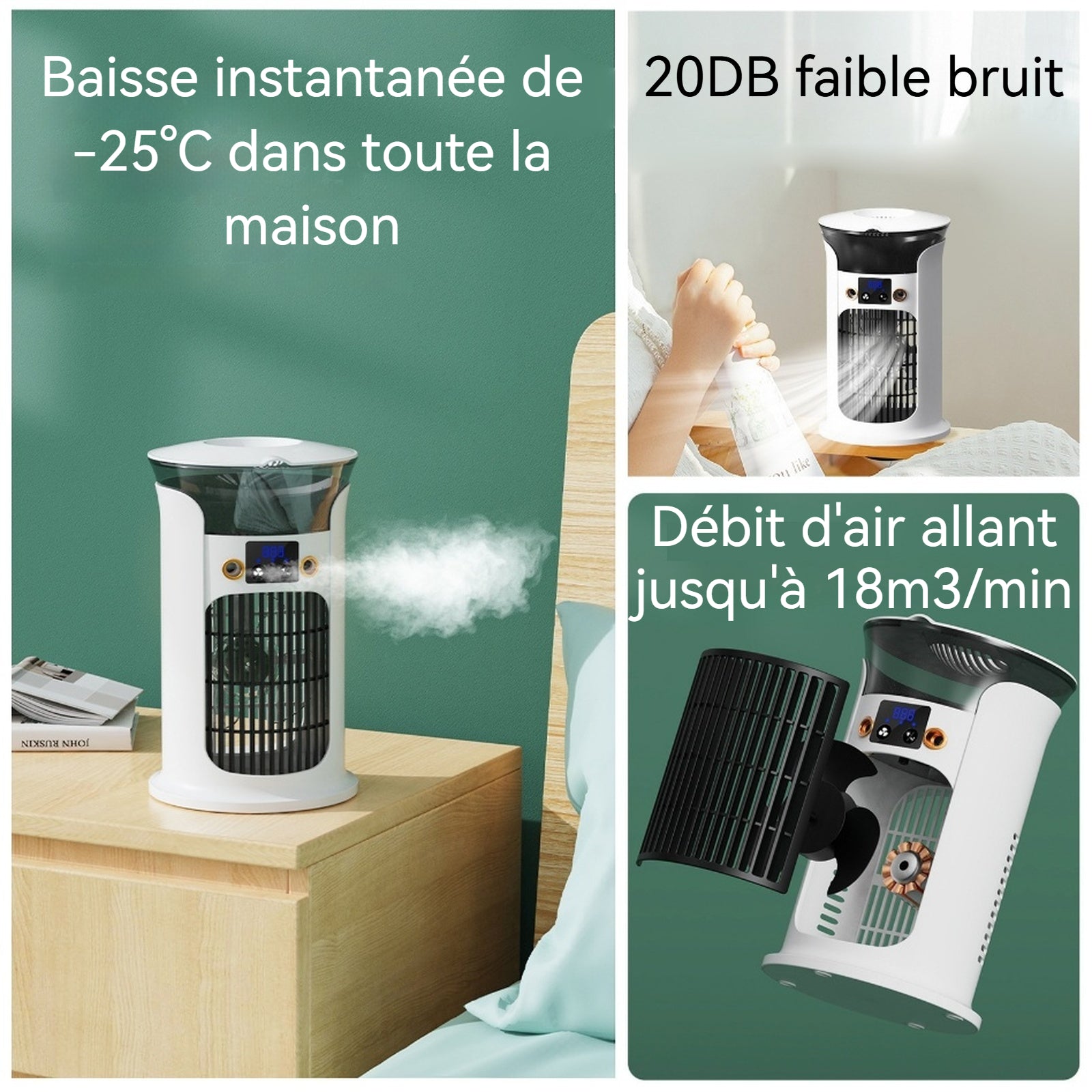 Rafraîchisseur d'air 880ml 3 vitesses faible bruit 2 buses 7 couleurs de lumière conception eau/glaçons rafraîchisseur domestique