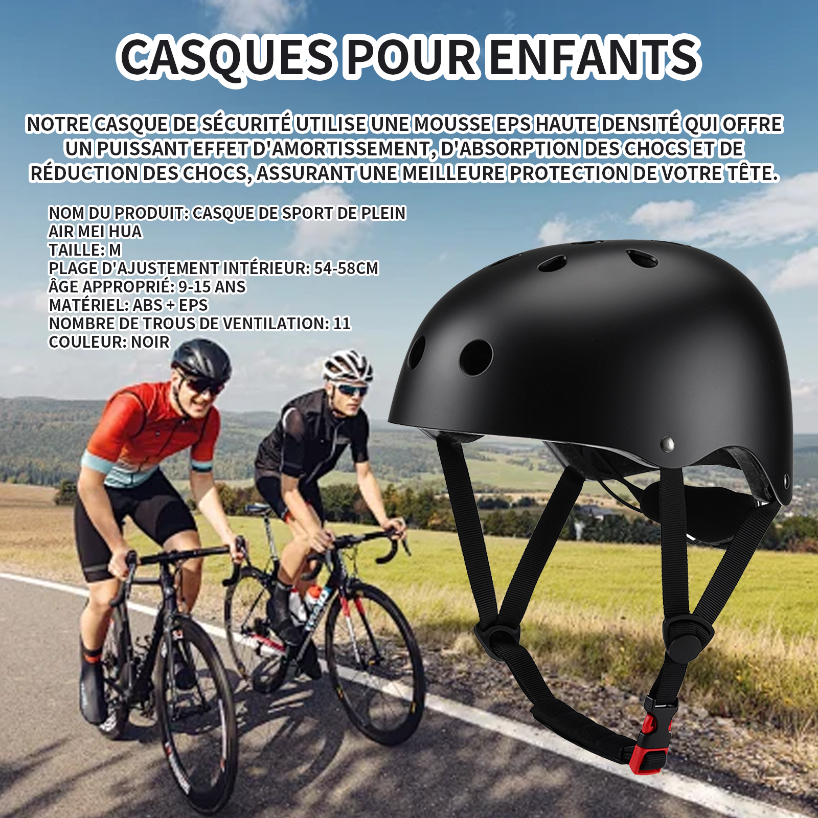 asque de protection circonférence intérieure réglable 54-58 cm taille M adapté aux 9-15 ans casque de cyclisme en plein air noir