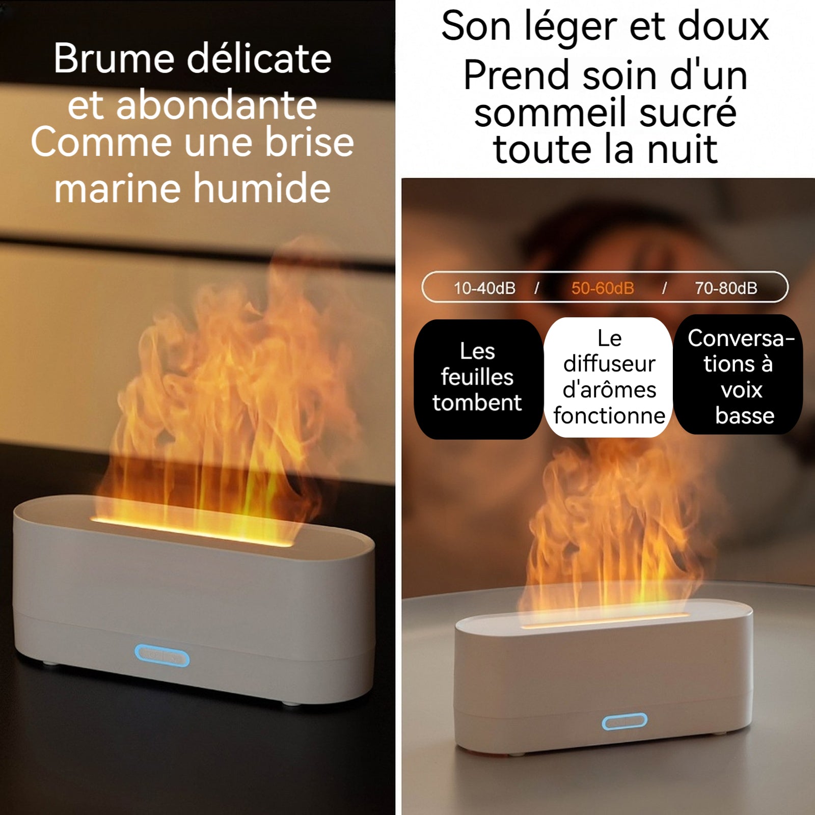 Humidificateur 160ml appareil d'aromathérapie à flamme simulée lumières colorées 220x70x85mm protection contre les pannes courant
