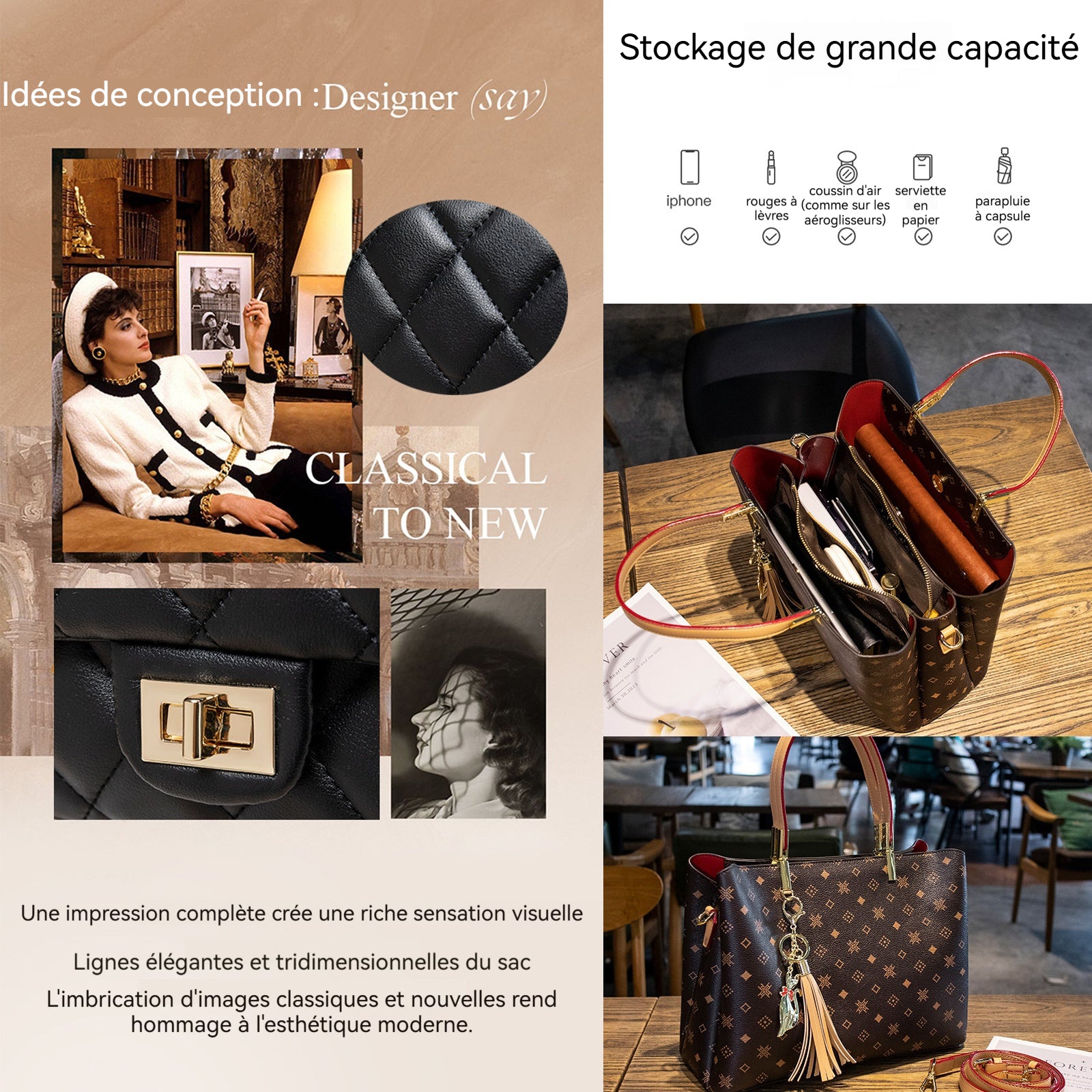 Sac a main en cuir véritable pour femme sac à bandoulière élégant grande capacité sac fourre-tout sac à dos mode bandoulière sac