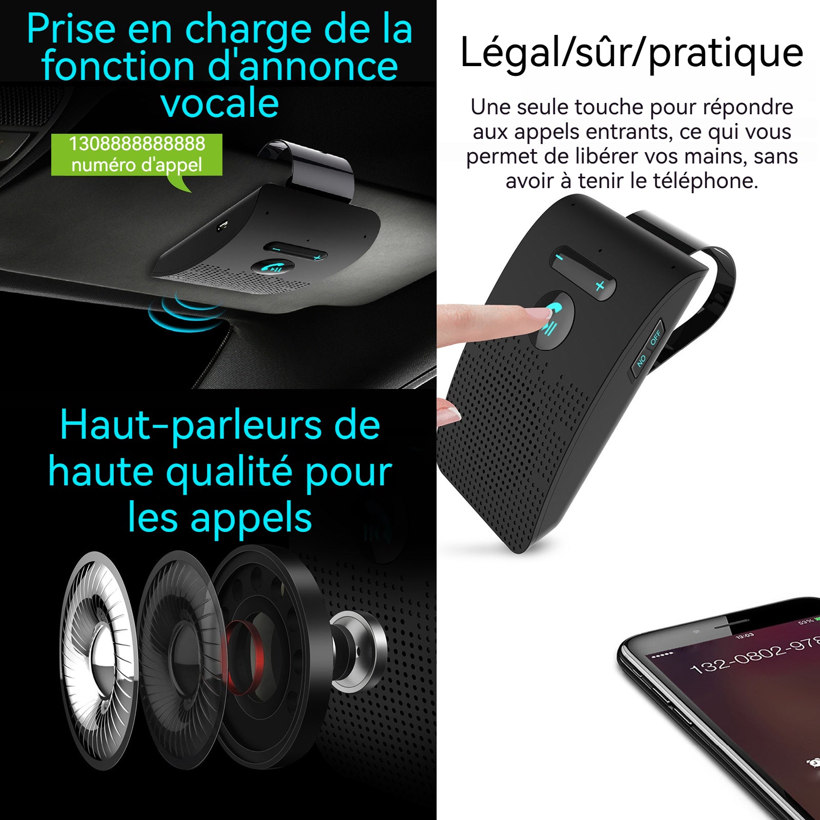 Kit mains libres pour voiture 10x6x2.1cm bluetooth 5.0 libre voiture bluetooth haut-parleur micro intégré avec clip bluetooth