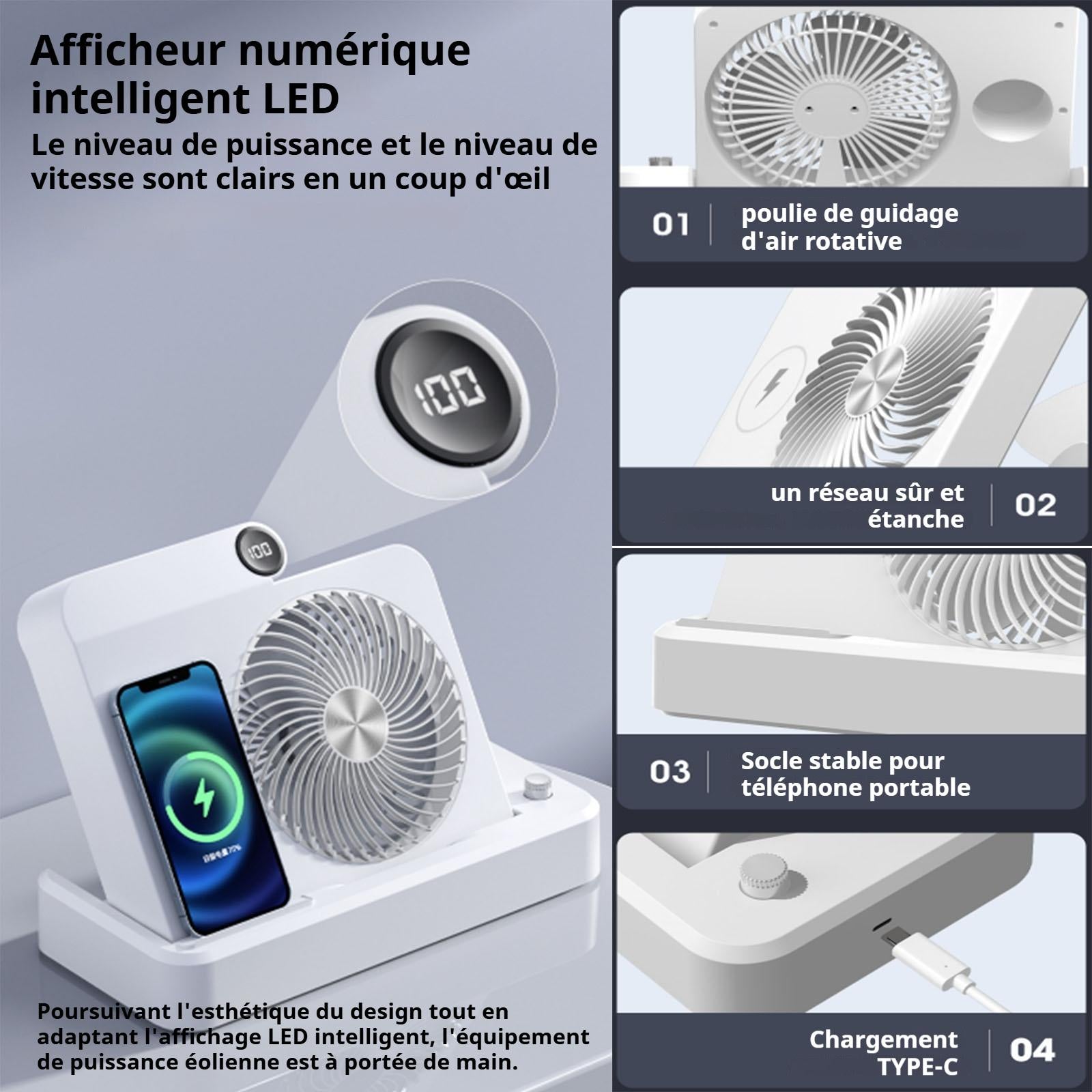 Ventilateur 2 en 1 2400mAH 188x165x45mm peut être utilisé pour chargement sans fil des téléphones portables affichage numérique