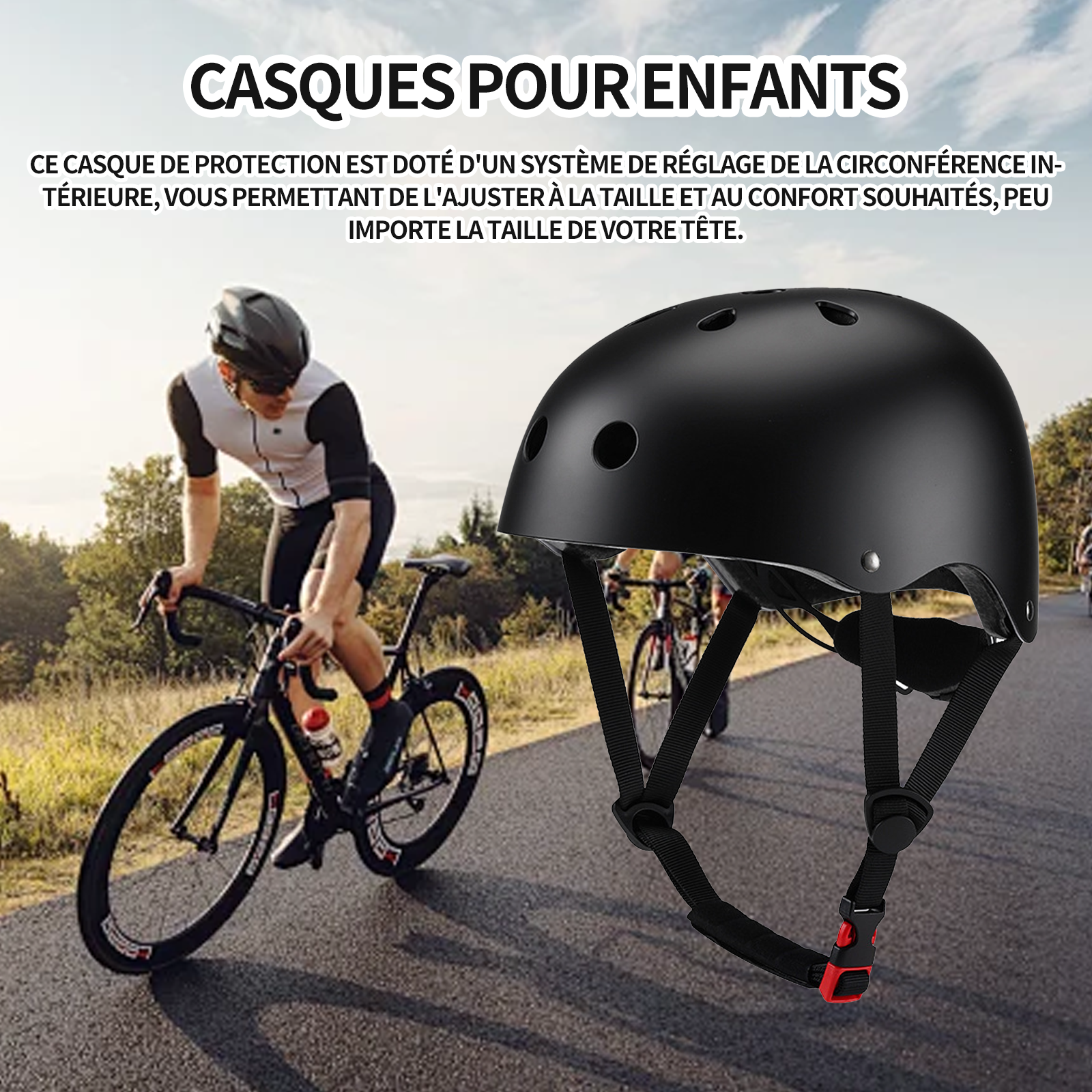 asque de protection circonférence intérieure réglable 54-58 cm taille M adapté aux 9-15 ans casque de cyclisme en plein air noir