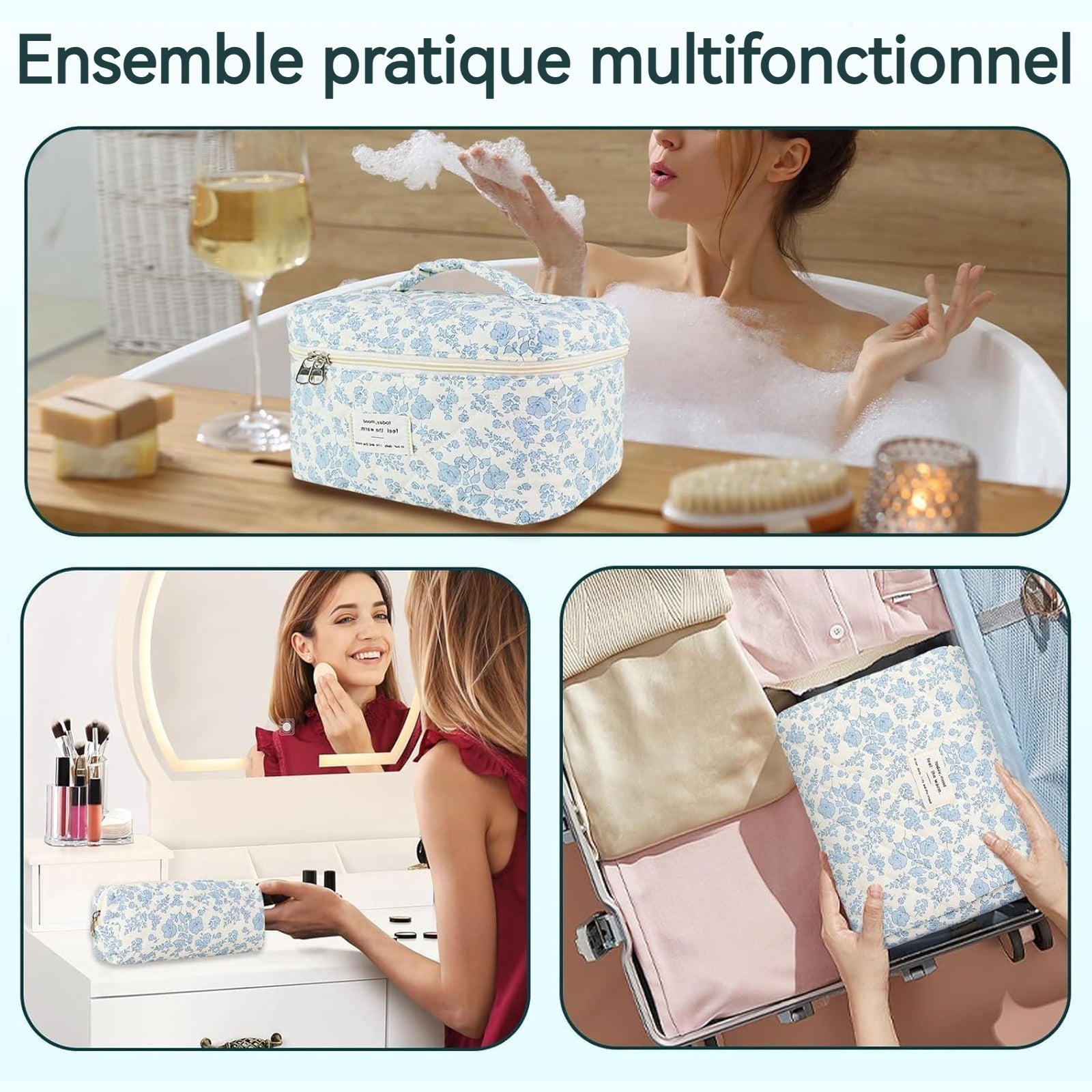 Lot de 3 Trousse de toilette de Voyage Pour Femmes Tissu coton doux Volume élevé Trousse de Maquillage Motifs fleuris bleu clair