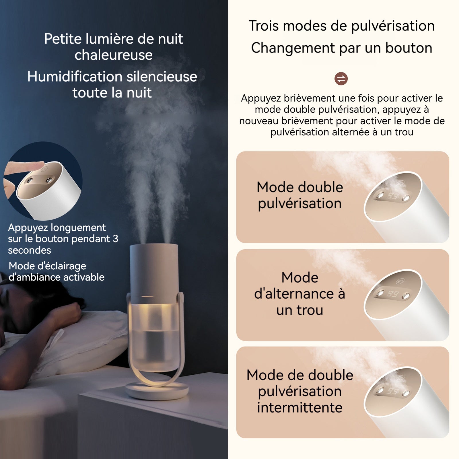 Humidificateur 450ml 3000mAh autonomie 6-8 heures humidificateur de bureau pour chambre à coucher prise Type-C 240x100mm blanc