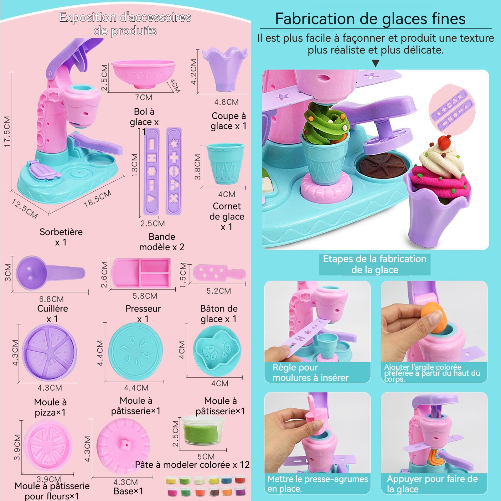 Outils de pâte a modeler 26pcs machine à glace colorée DIY jouets pour enfants accessoires pate a modeler jouets en argile colorée