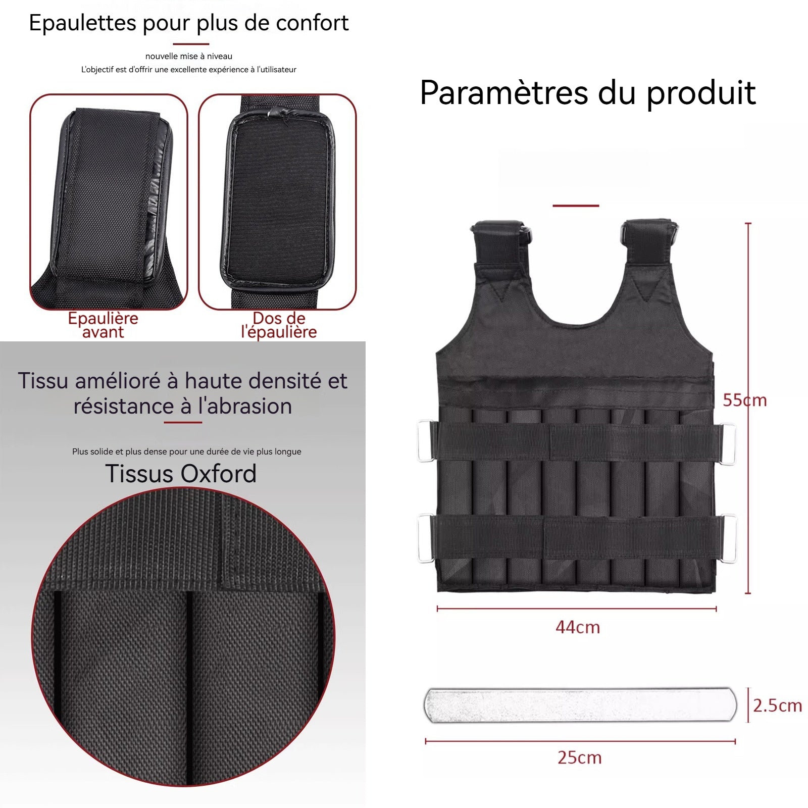 Gilet lesté 55x44cm 50kg gilet lesté réglable veste lestée convient à divers exercices de fitness gilet d'équipement de fitness