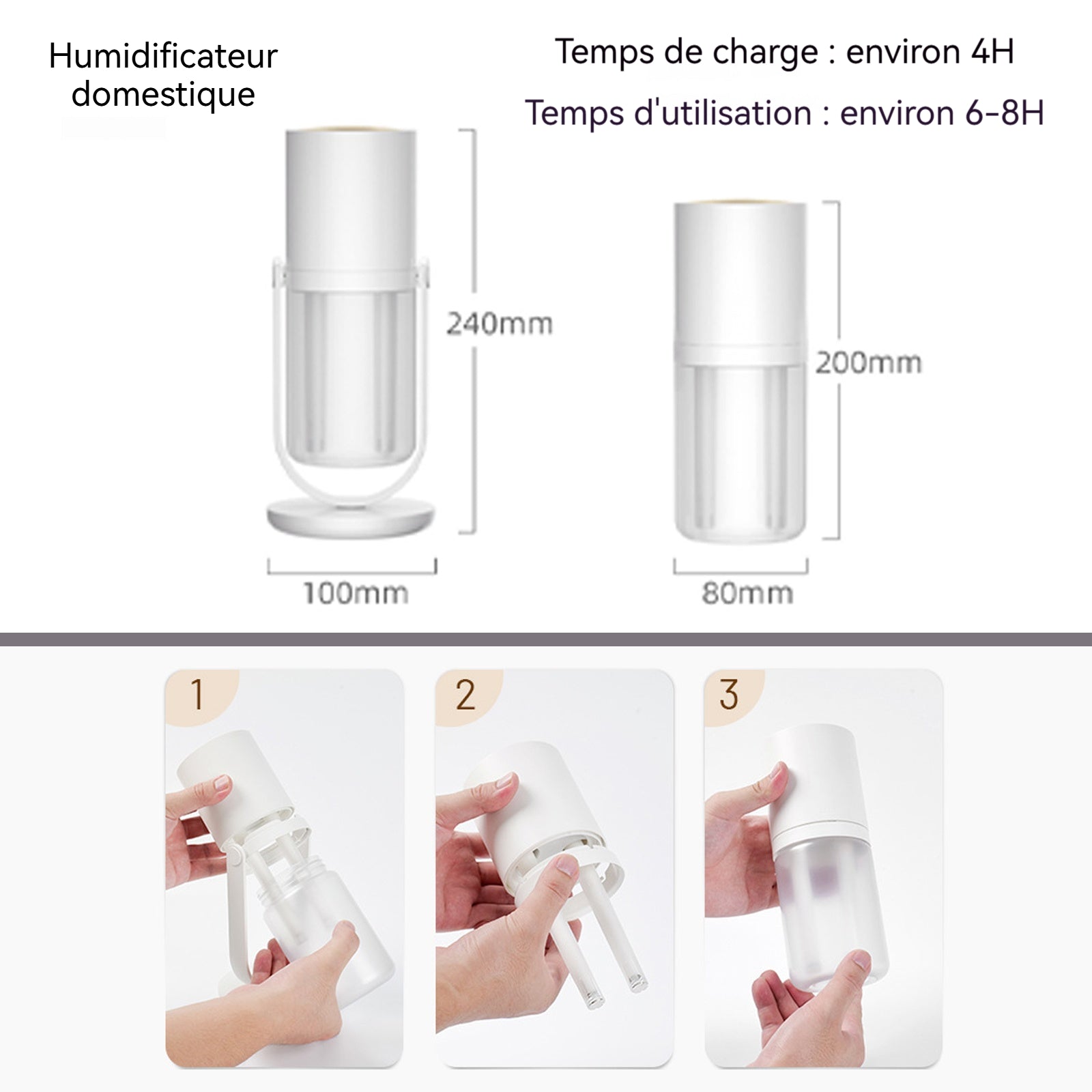 Humidificateur 450ml 3000mAh autonomie 6-8 heures humidificateur de bureau pour chambre à coucher prise Type-C 240x100mm blanc