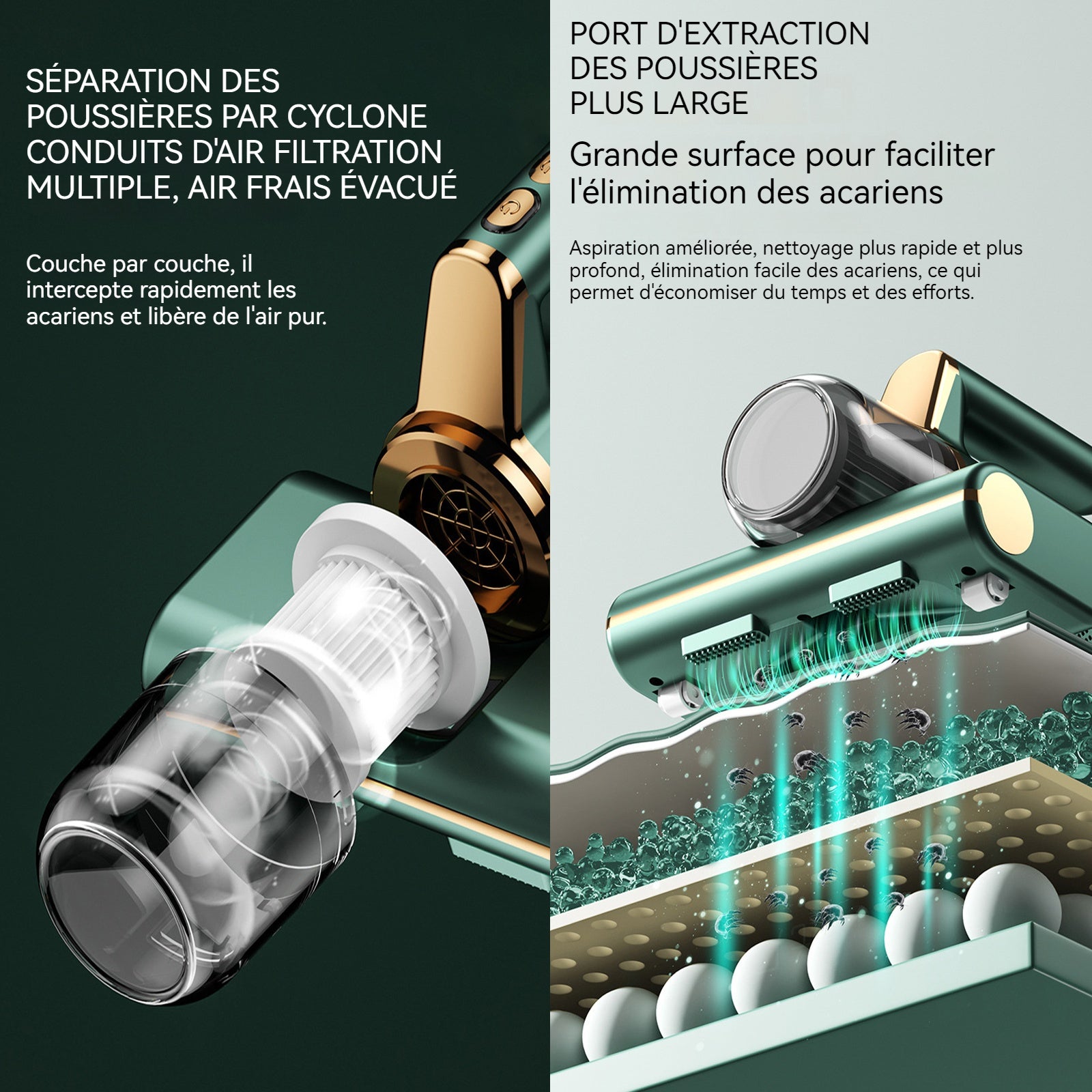 Aspirateur anti acariens 2 vitesses de réglage Forte puissance d'aspiration Durée de vie de la batterie longue durée Corps léger