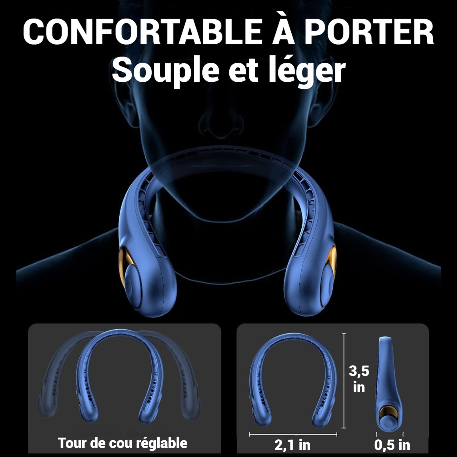 Ventilateur de cou sans pales 4000mah 3800-5800rpm réglable 3 vitesses réglable ventilateur portable éventail de cou silencieux