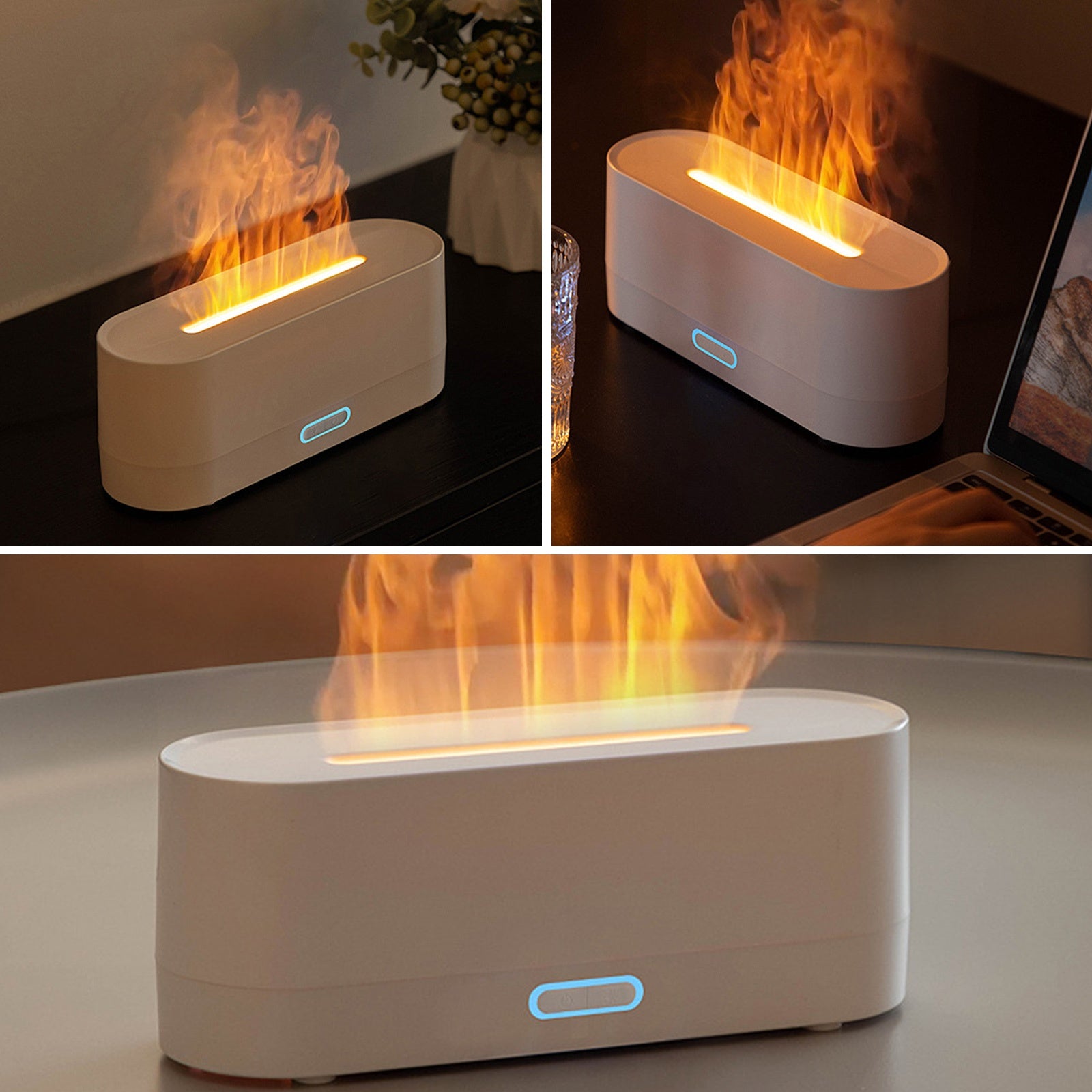 Humidificateur 160ml appareil d'aromathérapie à flamme simulée lumières colorées 220x70x85mm protection contre les pannes courant
