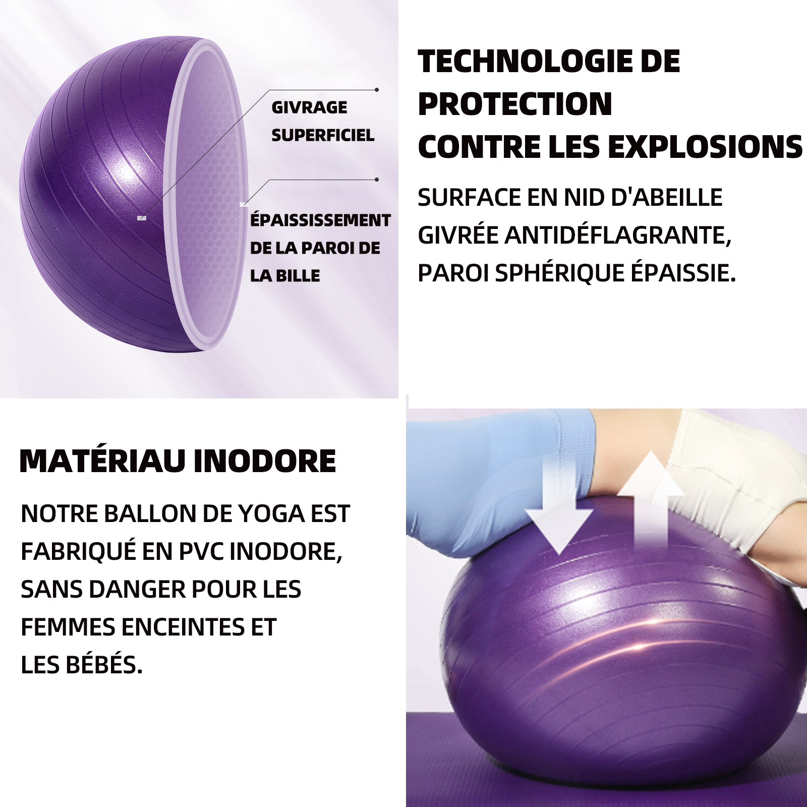 Ballon de yoga épaissie balle de yoga 55 cm gonflable yoga fitness balle d'équilibre pvc épaissi balle de yoga givrée violet