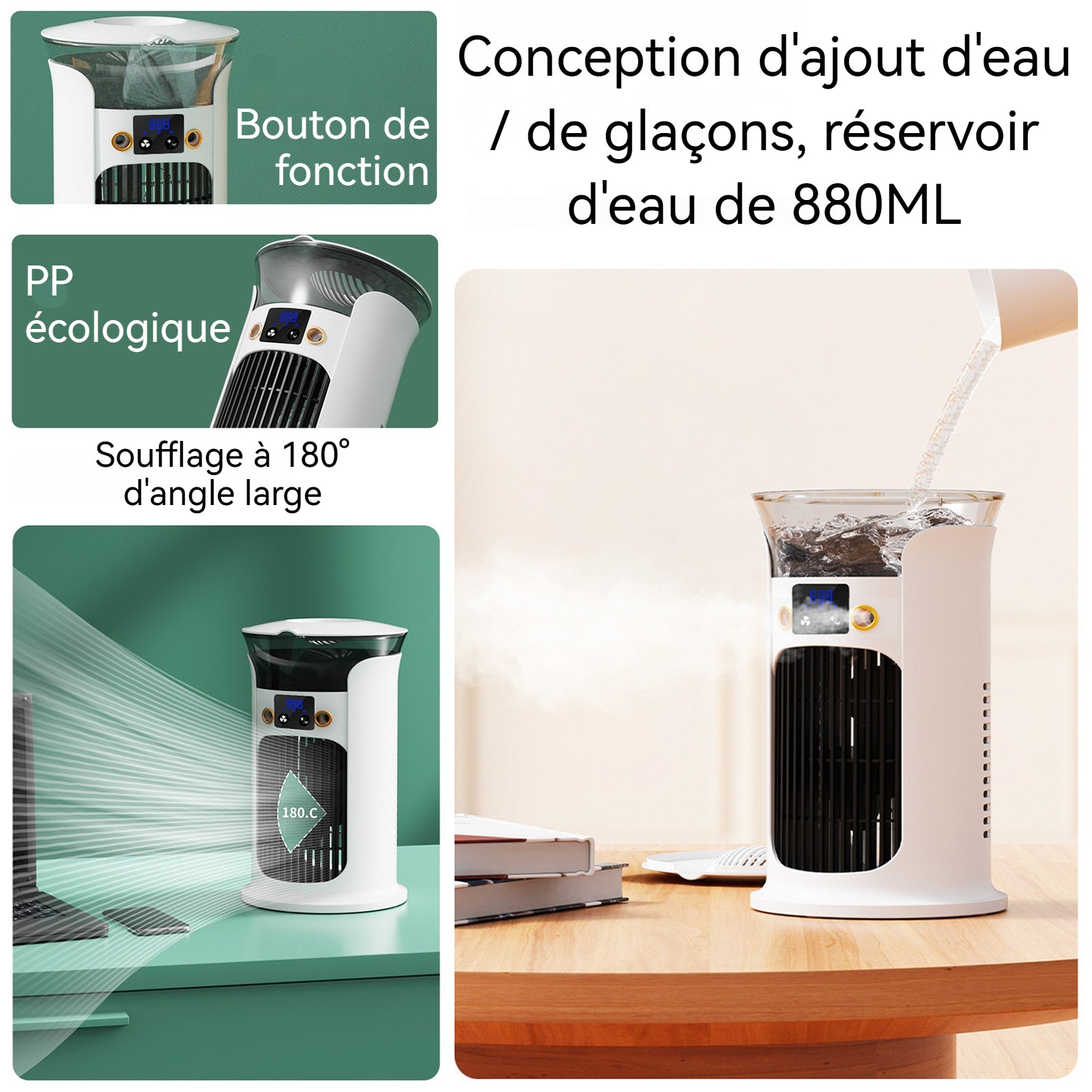 Rafraîchisseur d'air 880ml 3 vitesses faible bruit 2 buses 7 couleurs de lumière conception eau/glaçons rafraîchisseur domestique