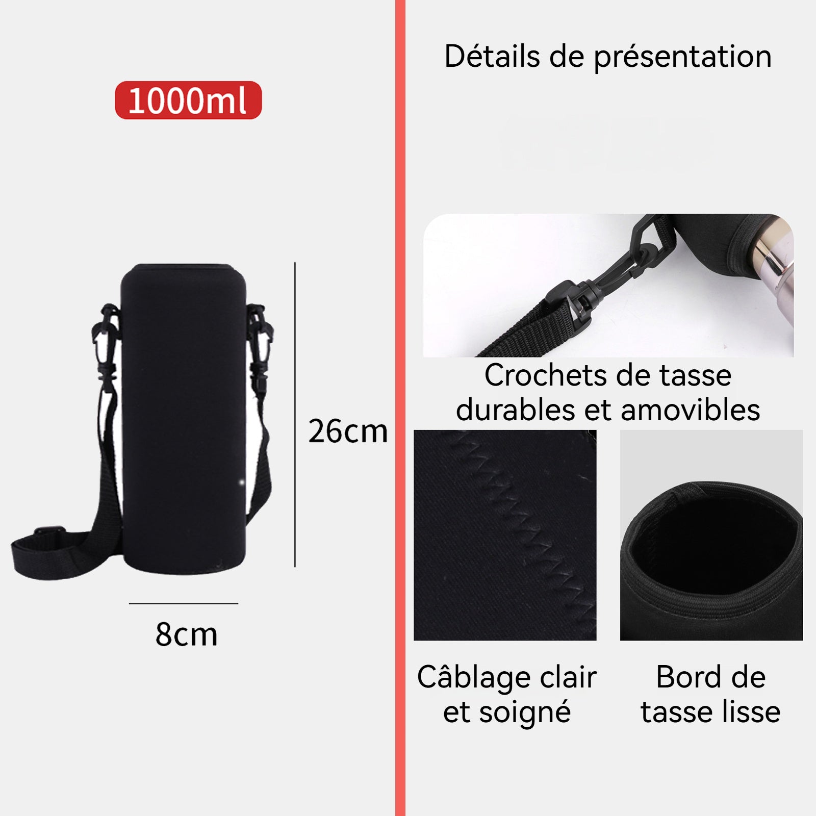 Housse verre d'eau anti-chute et isolation thermique adapté aux tasses de 1000 ml facile à transporter matériau durable noir