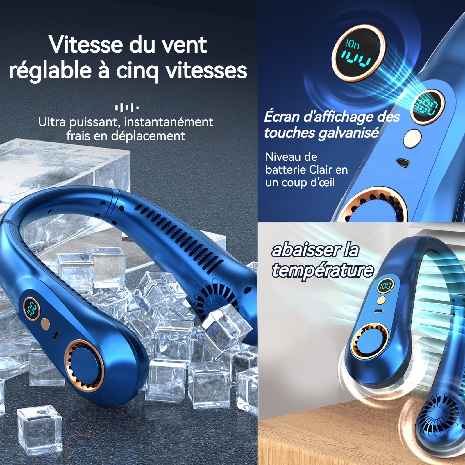 Ventilateur de cou sans pales 3000mah rechargeable à 5 vitesses avec affichage numérique éventail de cou ventilateur portable