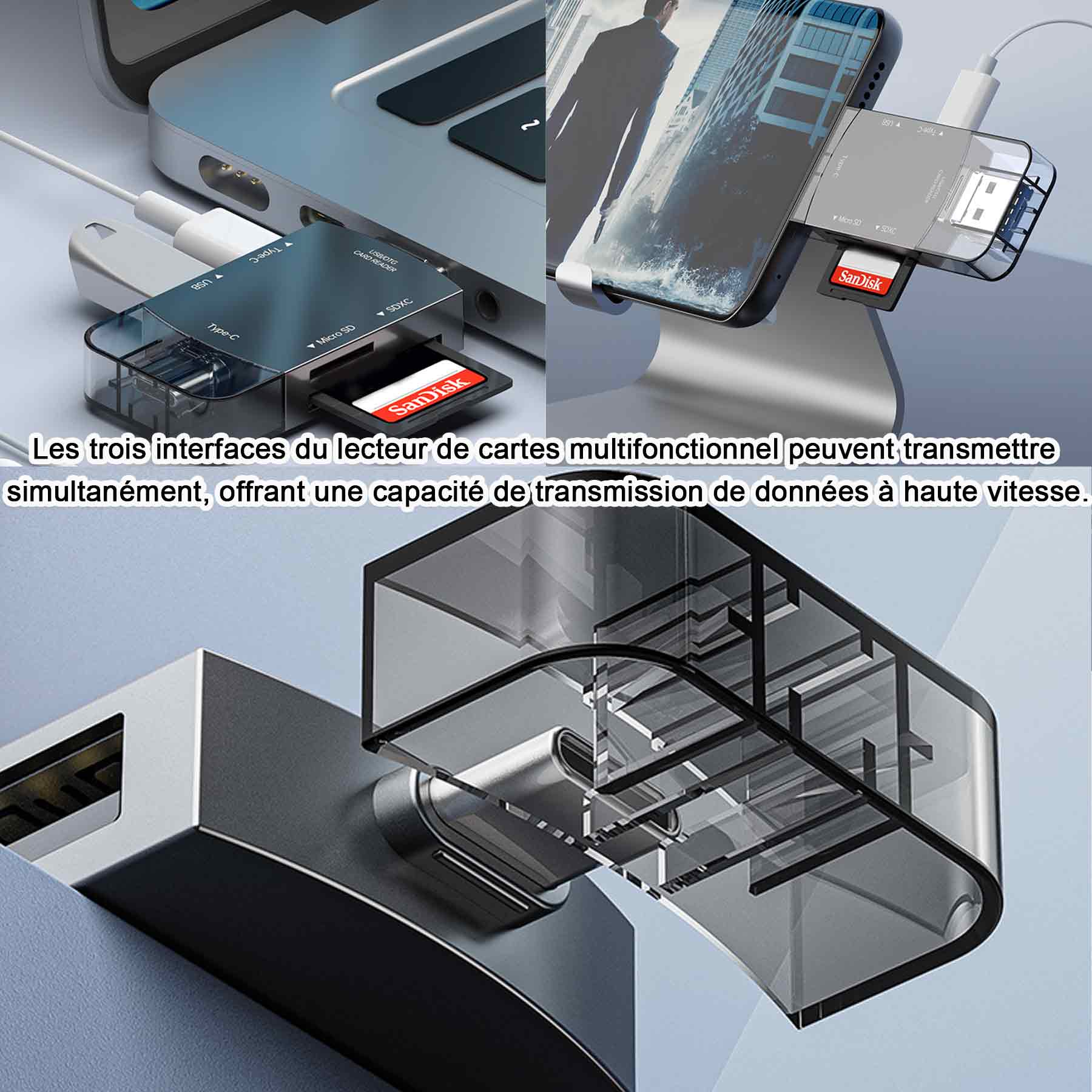 Lecteur de carte SD avec 512Go USB 3.0 multifonction double fente carte transmission à grande vitesse pour téléphone ordinateur