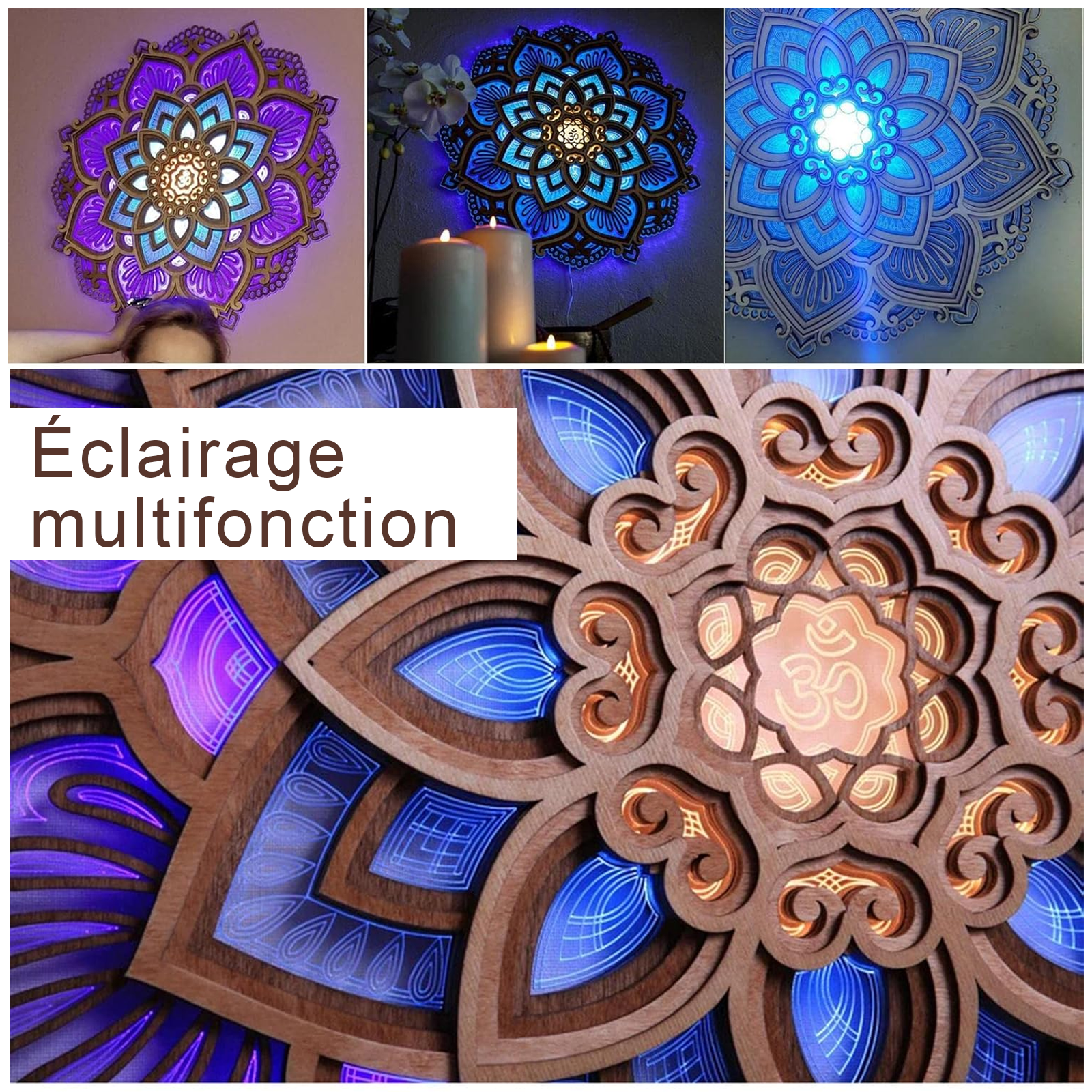 Applique murale mandala en bois 10W charge USB gravé à la mandala night light pour la décoration de salle de yoga à la maison