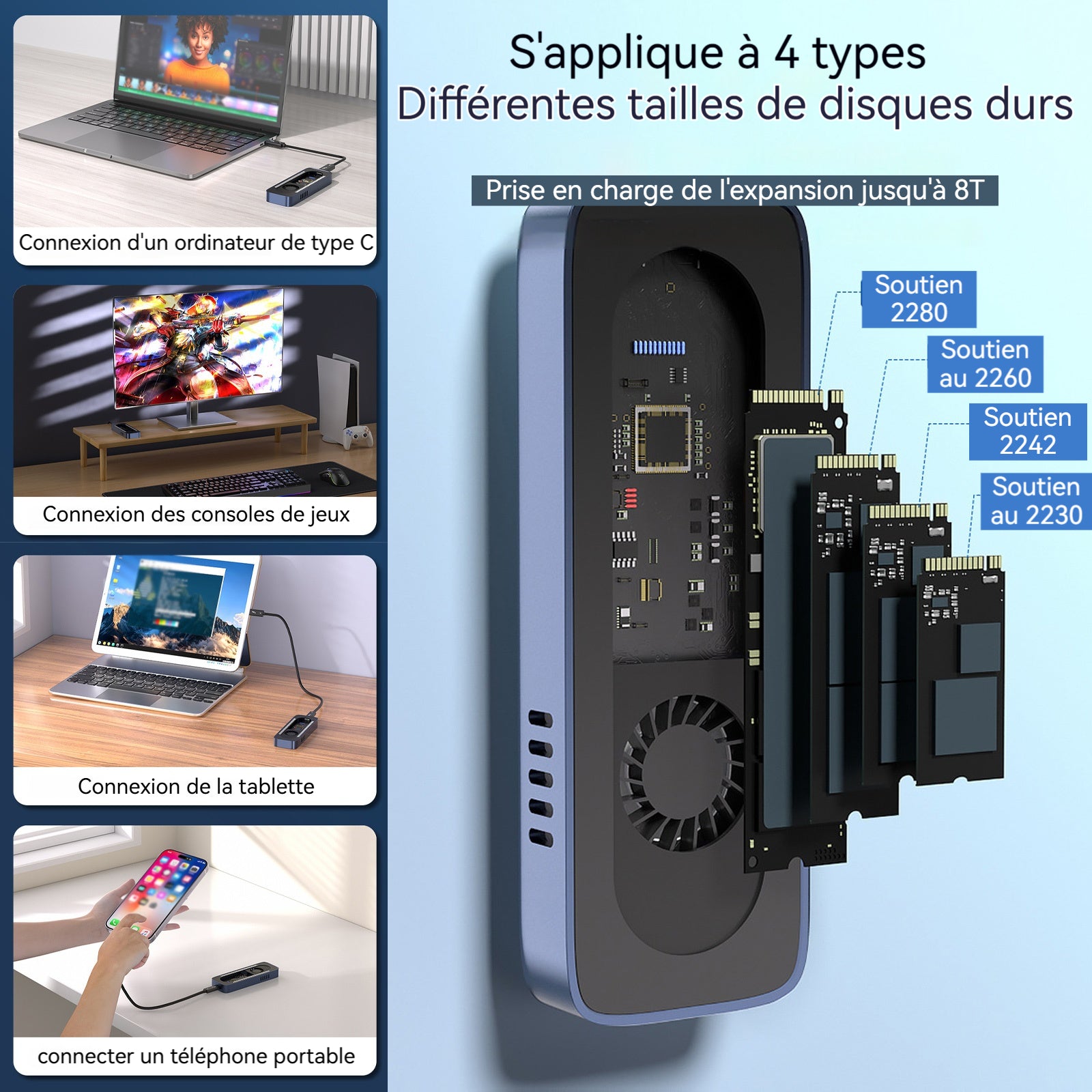 Boîtier SSD M2 NVMe usb3.2 10gbps avec ventilateur compatible boîtier de disque portable grande vitesse pour 2230/2242/2260/2280