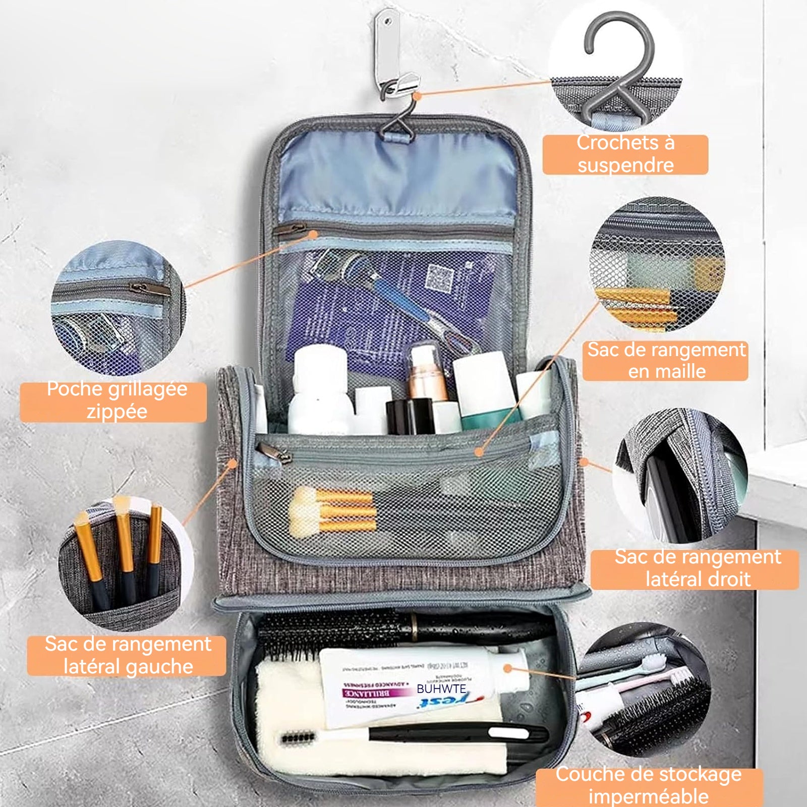 Trousse de toilette 13x21x25cm 600D toile oxford suspendu trousse de maquillage étanche sac de voyage organisateur avec poignée