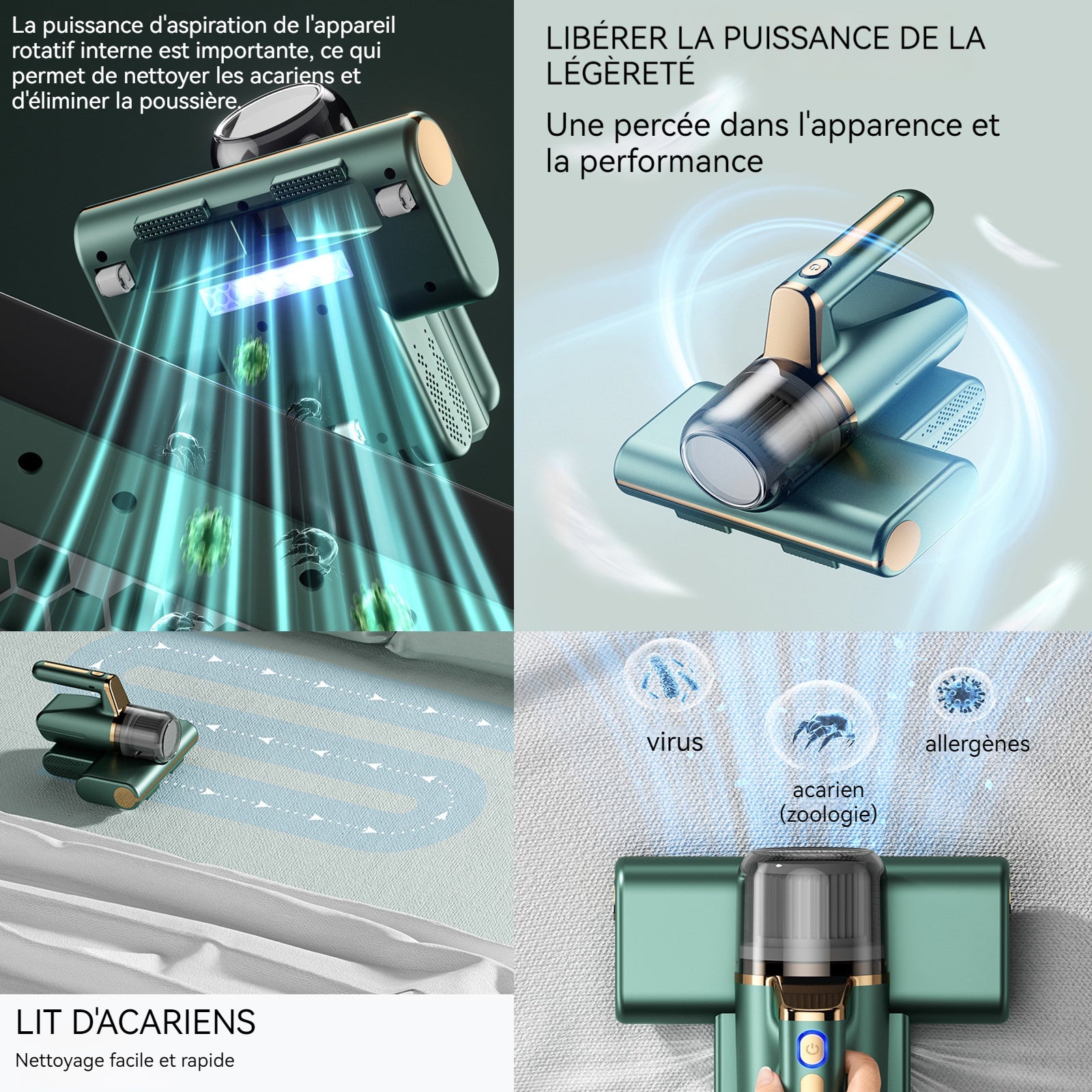 Aspirateur anti acariens 2 vitesses de réglage Forte puissance d'aspiration Durée de vie de la batterie longue durée Corps léger