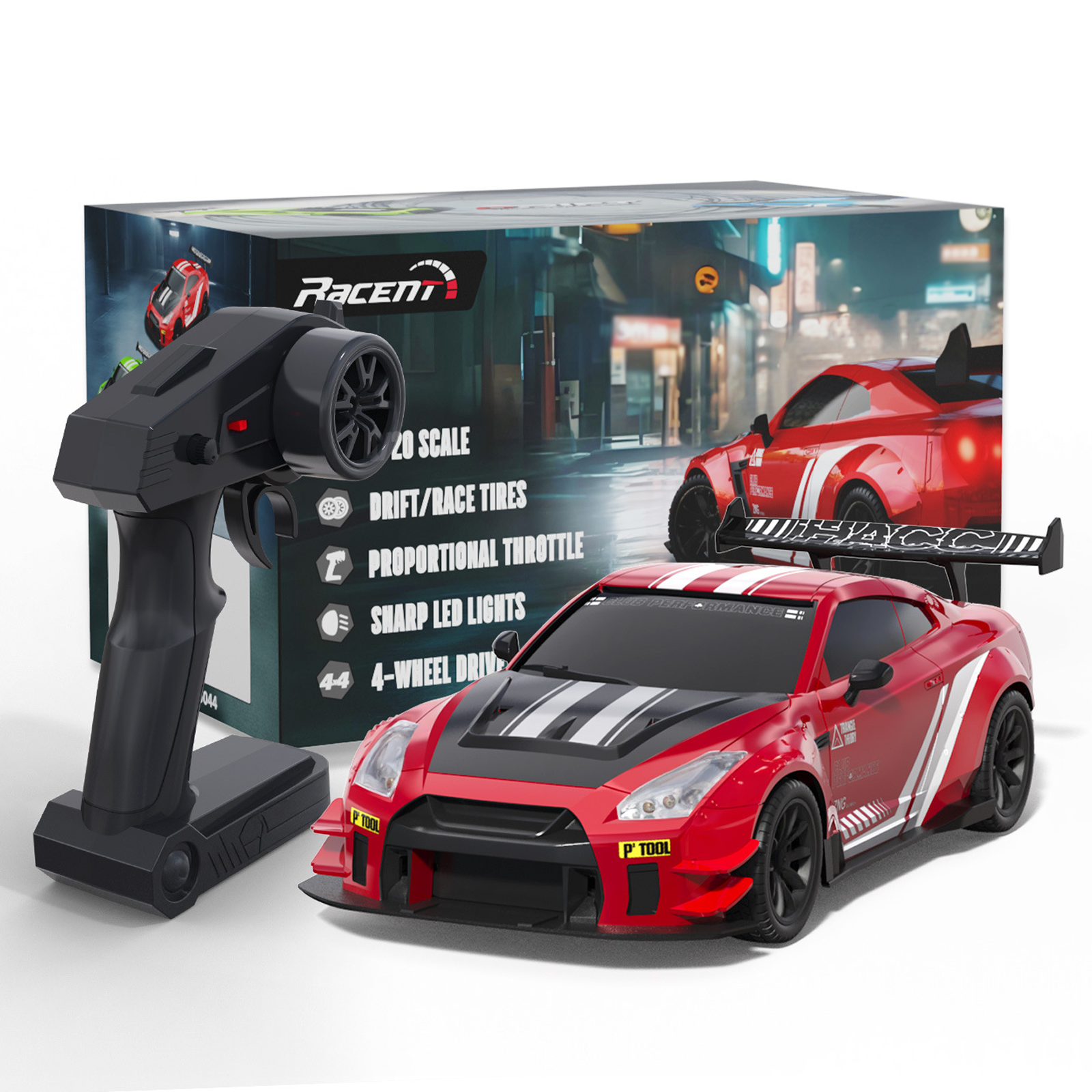Voiture de course miniature 20x9x6cm 4x4 phares à LED échelle 1/20 pneus drift/course télécommande 2,4g voiture course rouge