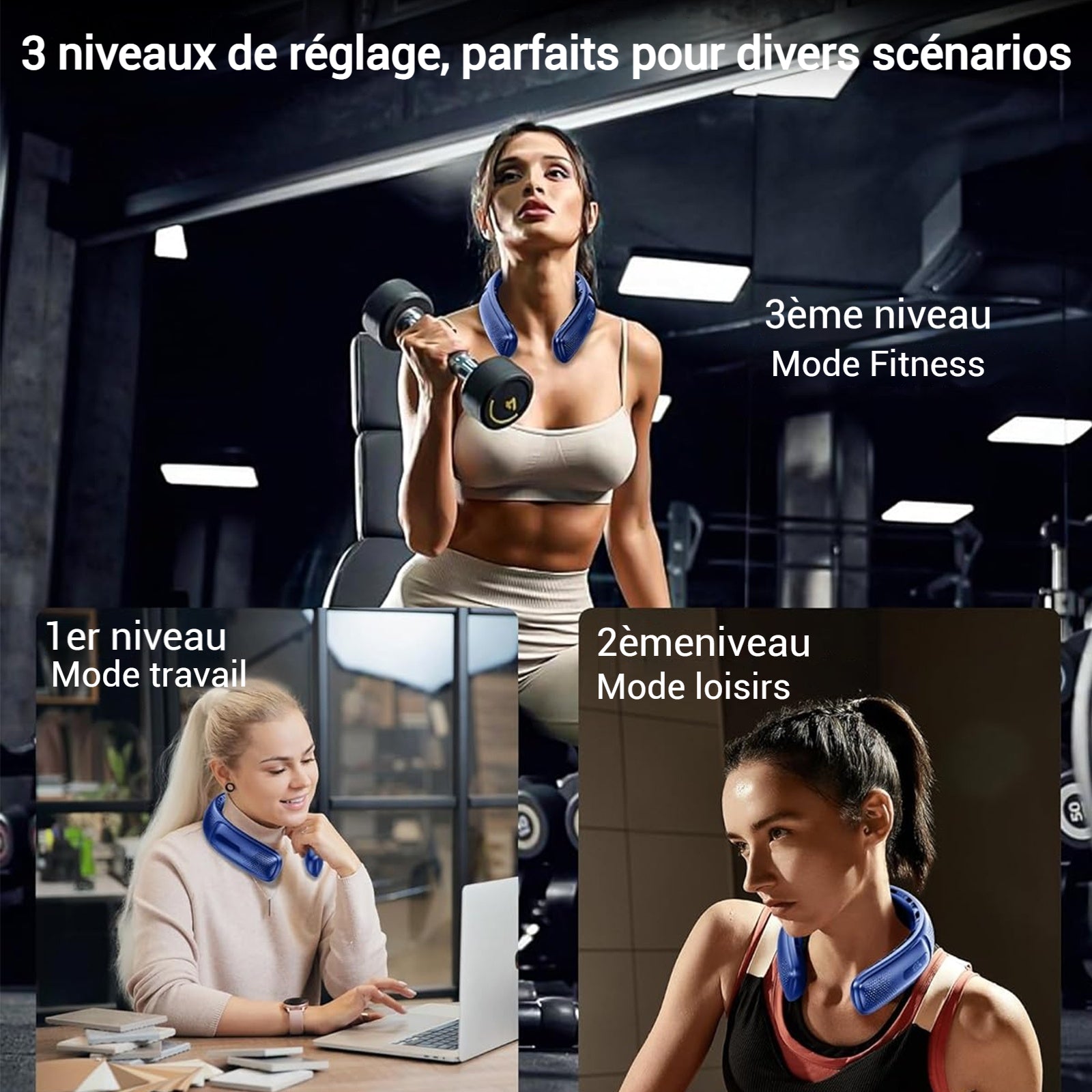 Ventilateur de cou sans fil 4000mah 5600rpm 5w avec affichage numérique 3 vitesses réglable ventilateur portable éventail de cou