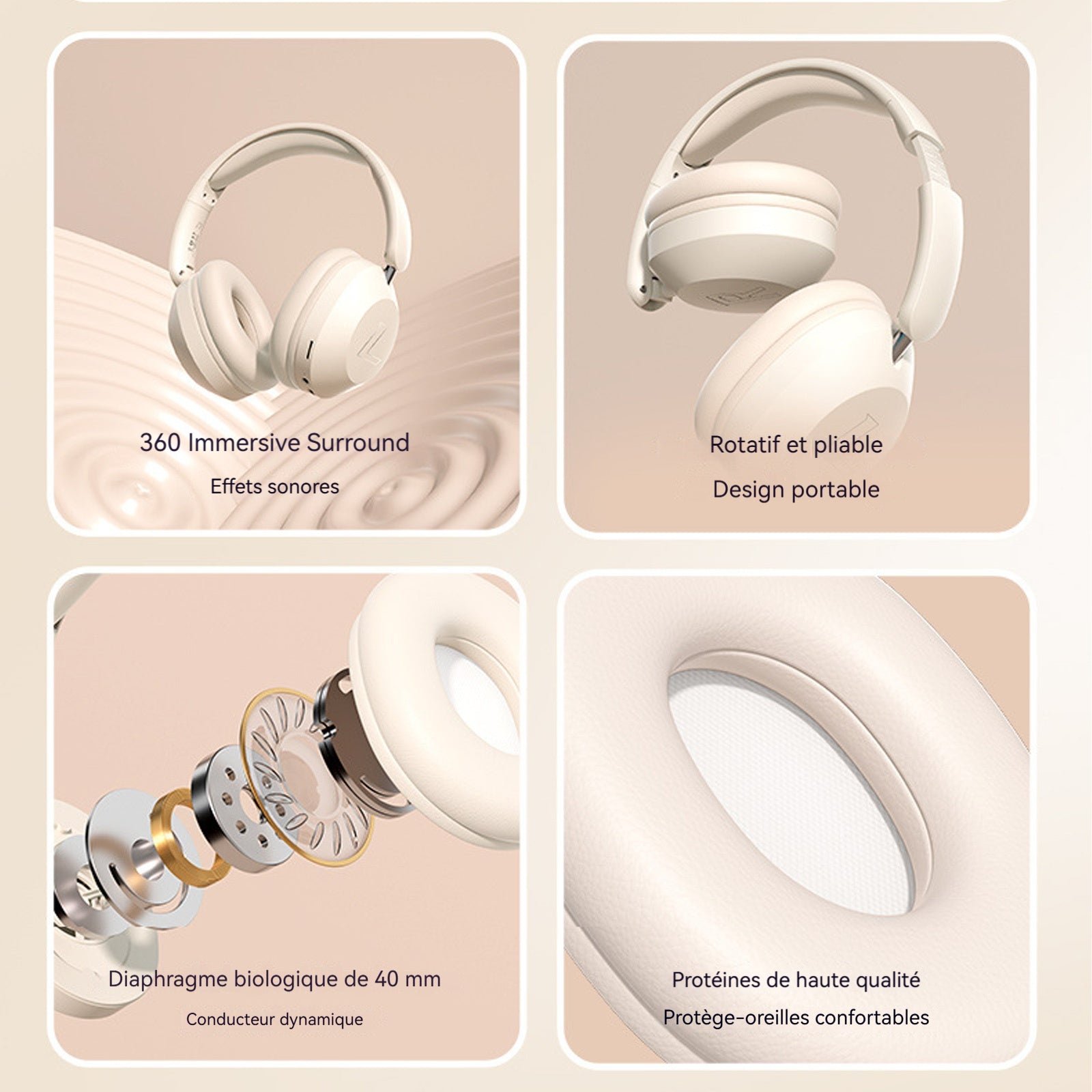 Casque anti bruit adulte 300mah bluetooth 5.3 rotatif et pliable casque bluetooth sans fil avec microphone intégré et support TF
