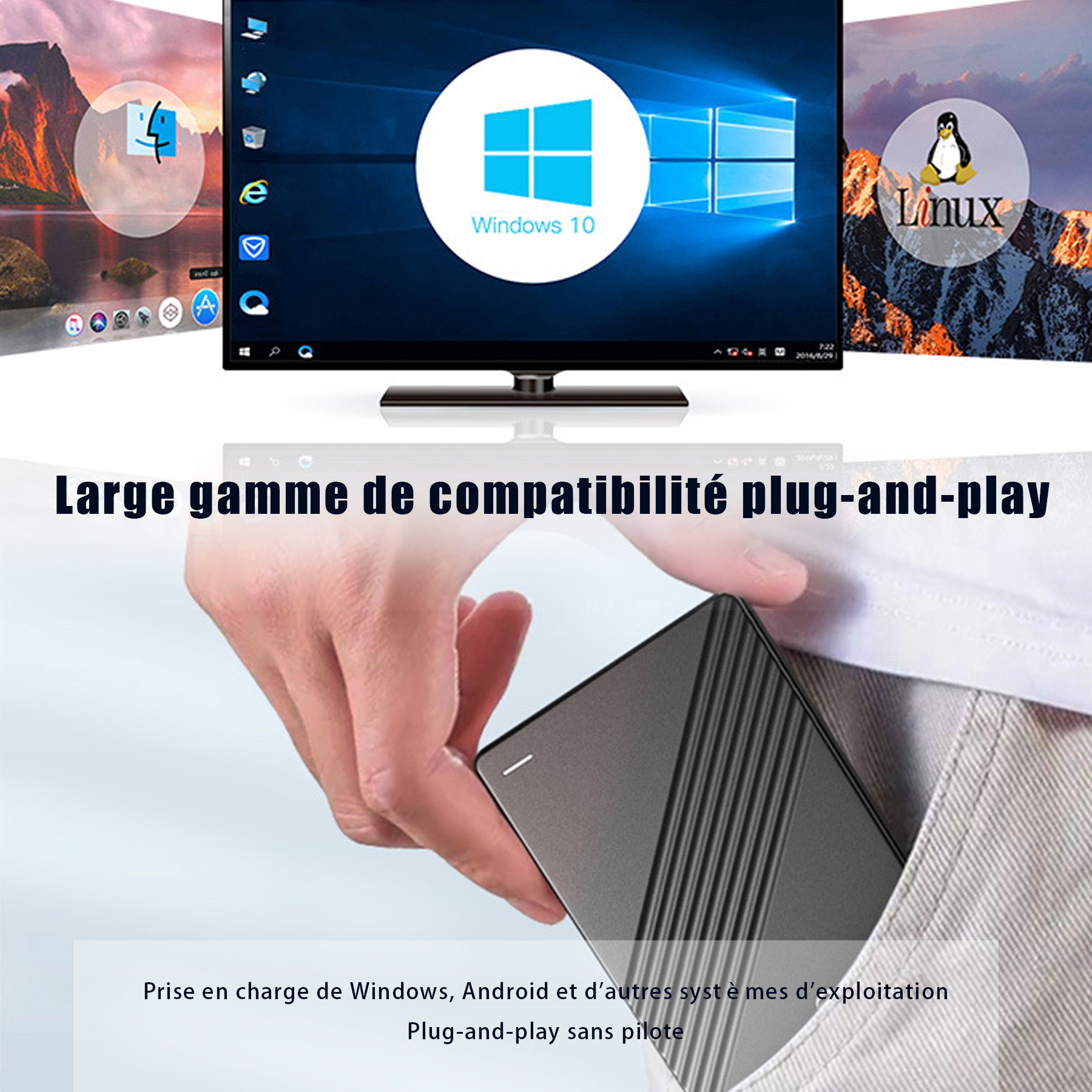 Disque dur externe 750GB USB 3.0 disque dur externe mobile storage 5400 tr/min Système de support Windows/OS/Linux aluminium noir