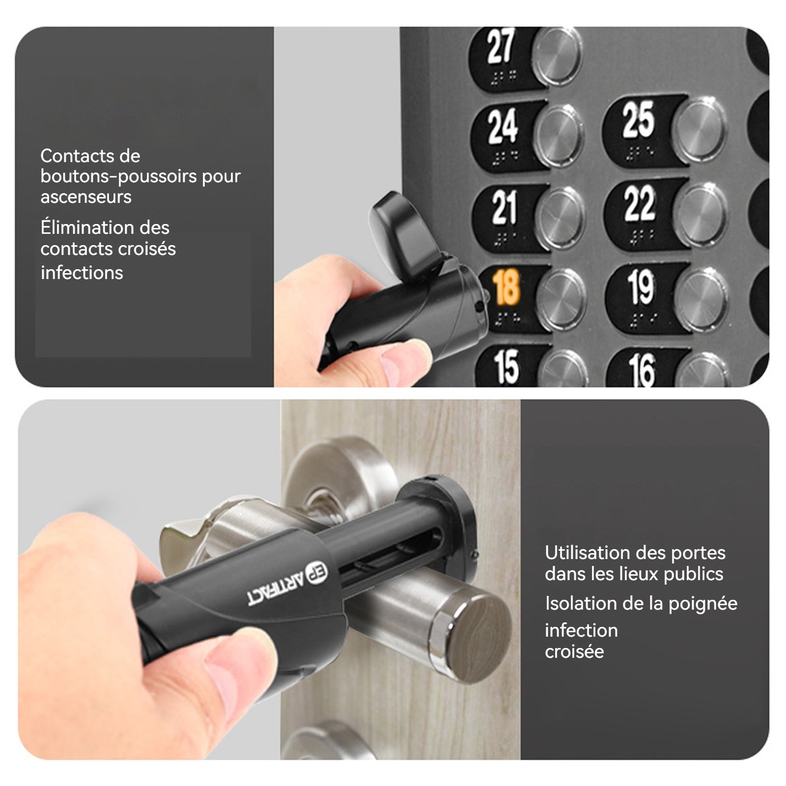 Ouvre-porte réutilisable tige de contact de poignée anti-contact bouton zéro contact Tige anti-contact dispositif portable noir
