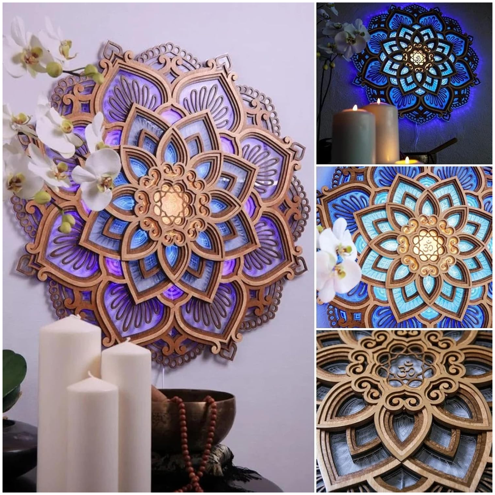 Applique murale mandala en bois 10W charge USB gravé à la mandala night light pour la décoration de salle de yoga à la maison