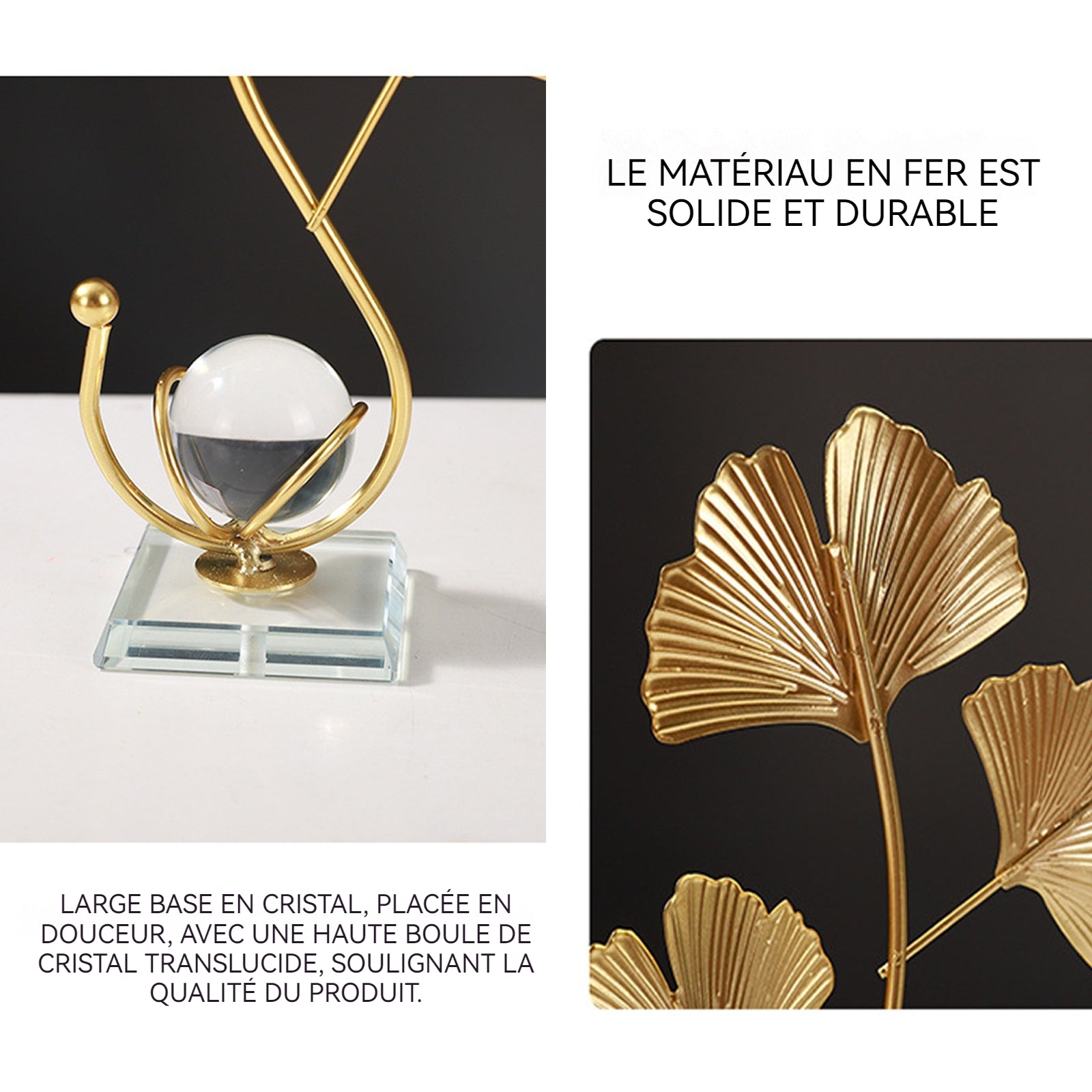 Ornements 25,5x16x6cm boule de cristal à feuilles en métal décoration de bureau pour la maison et le salon petits objets decoratifs