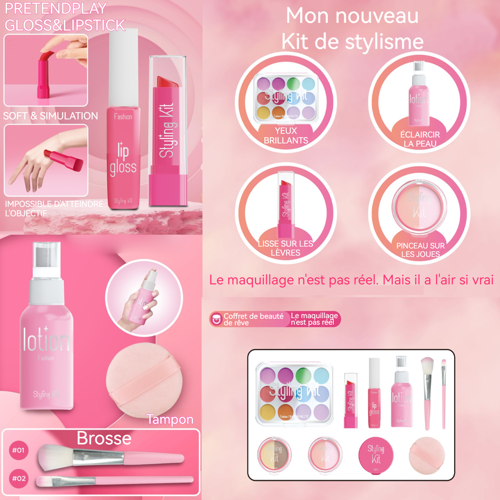 Maquillage enfant fille 10pcs jeu de faux maquillage pour filles rose coffret maquillage cadeaux pour enfants accessoires riches