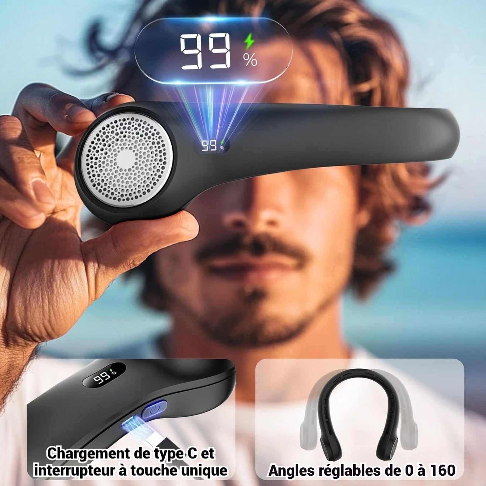 Ventilateur de cou 3600mah 5w 5V/1A avec affichage numérique 3 vitesses réglable éventail de cou ventilateur portable silencieux