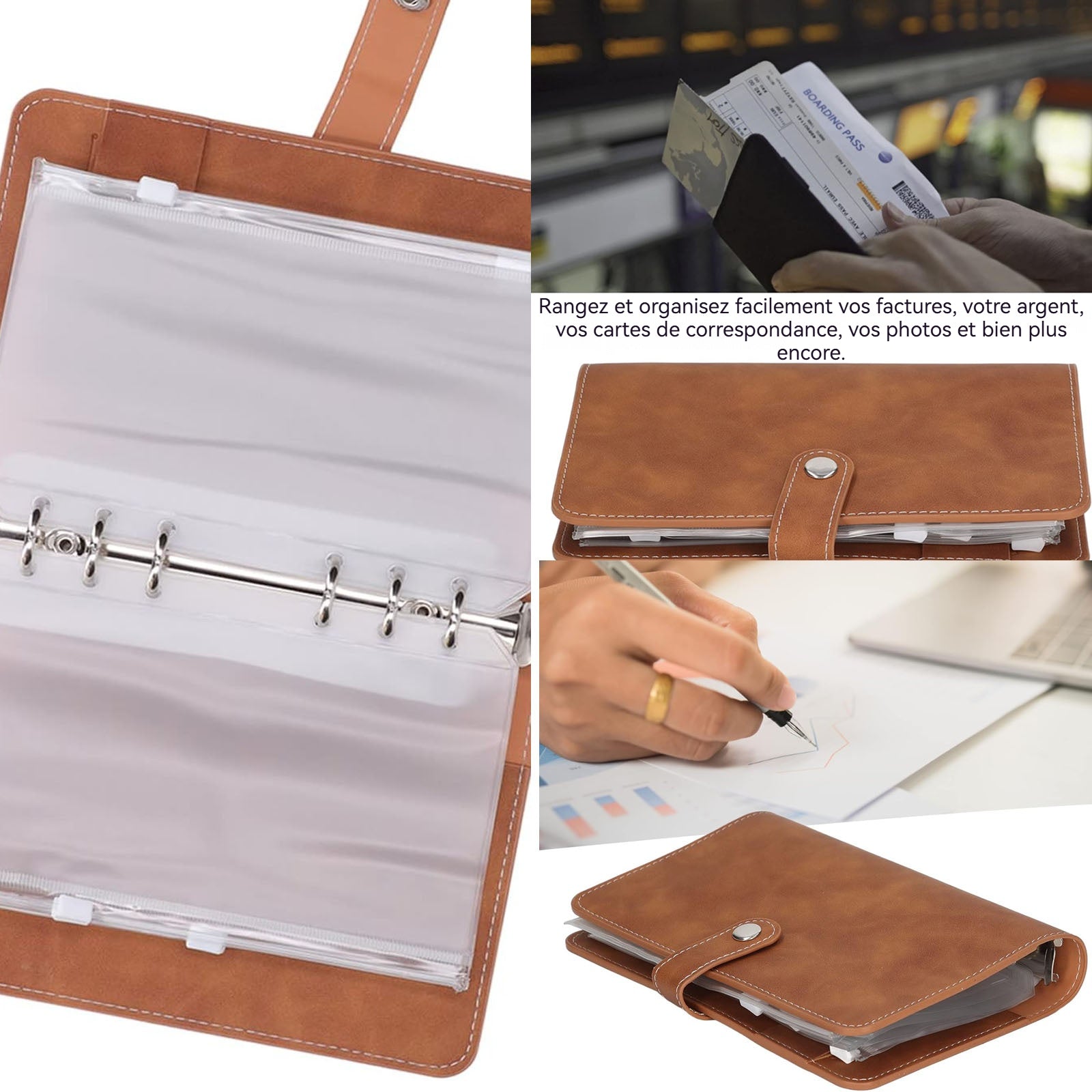 arnet A6 livre de comptes ordinateurs portables professionnels note cuir PU brun 12 sachets transparents/1 étiquette 16 grilles