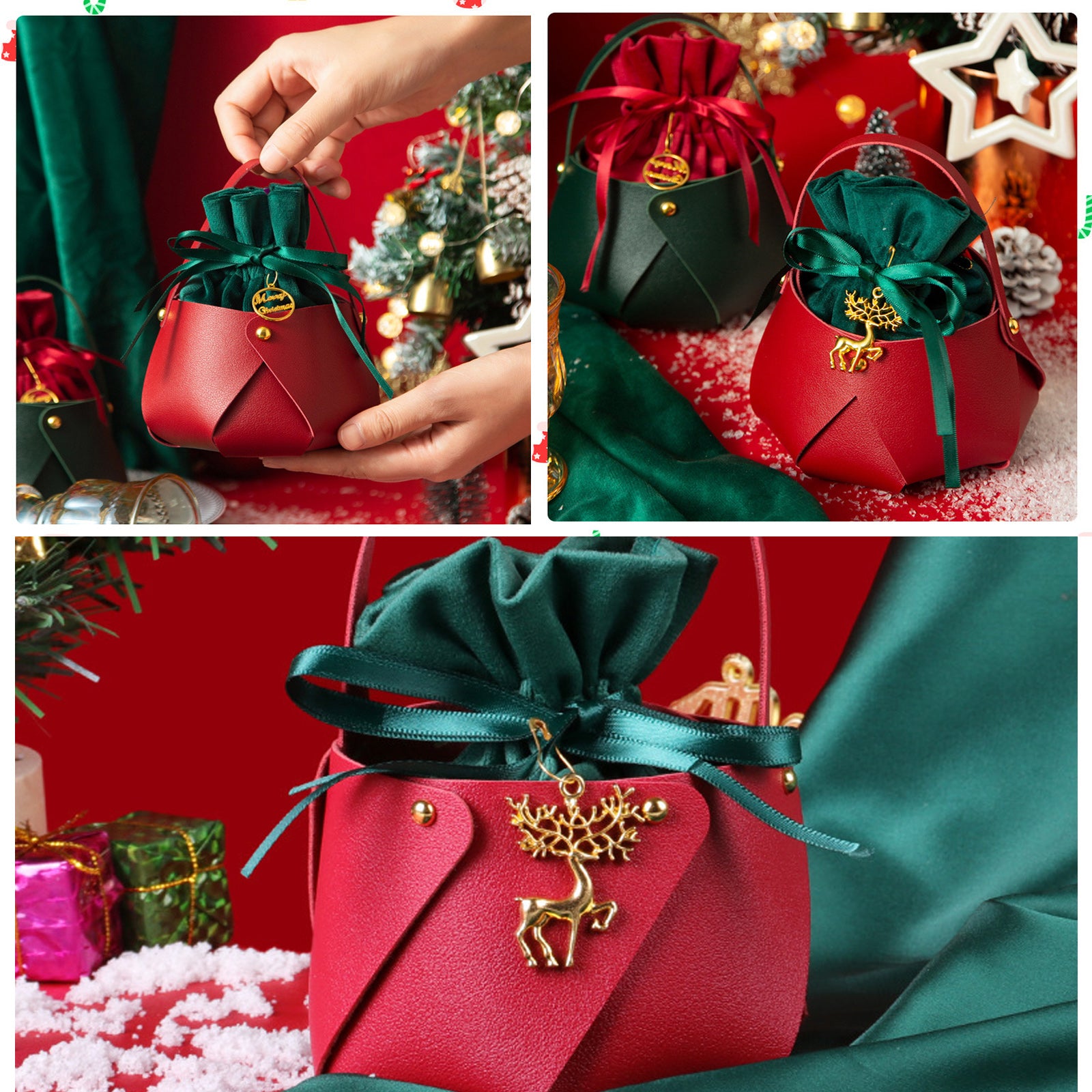 Ornements lot de 4 sac de pommes créatif de noël sac cadeau portable en velours boîte d'emballage de pommes pour le réveillon noël