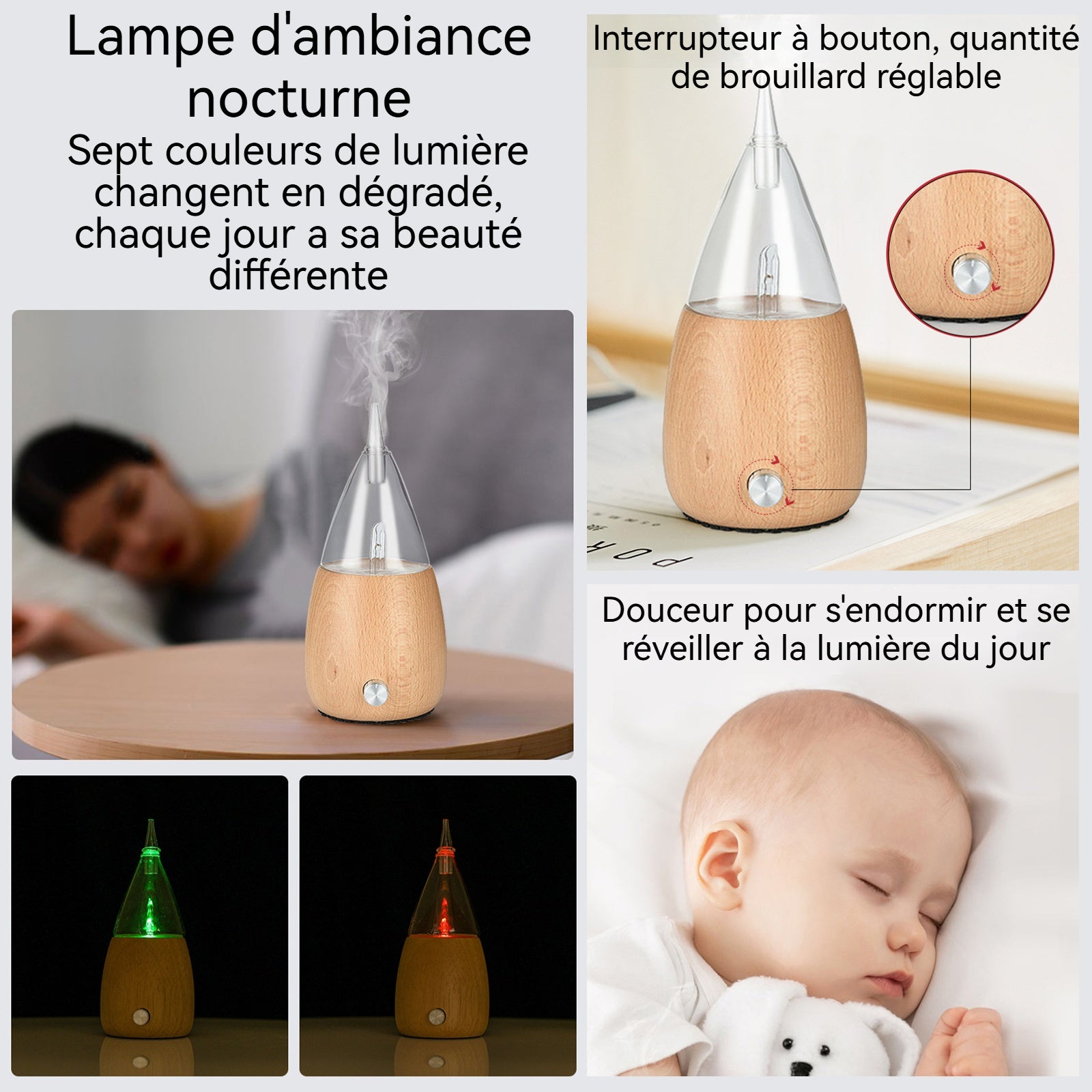 Appareil d'aromathérapie 50ml 9x15cm lumières colorées base en bois faite main antidérapante diffuseur d'arômes par atomisation