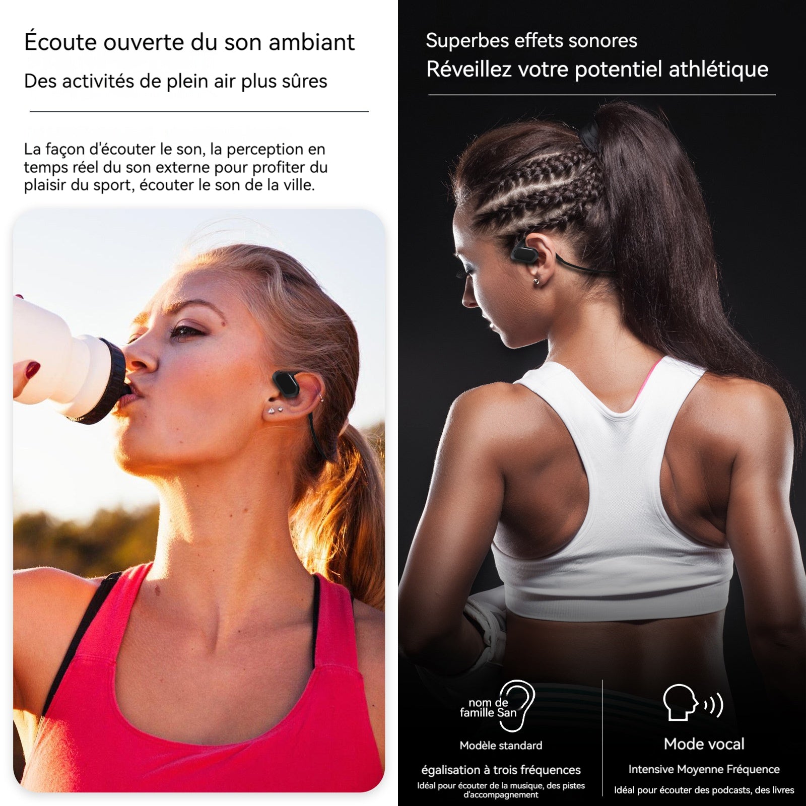 Casque à conduction osseuse 8 heures d'autonomie de lecture ecouteurs de Étanchéité IPX8 Chargement magnétique Bluetooth 5.3 noir
