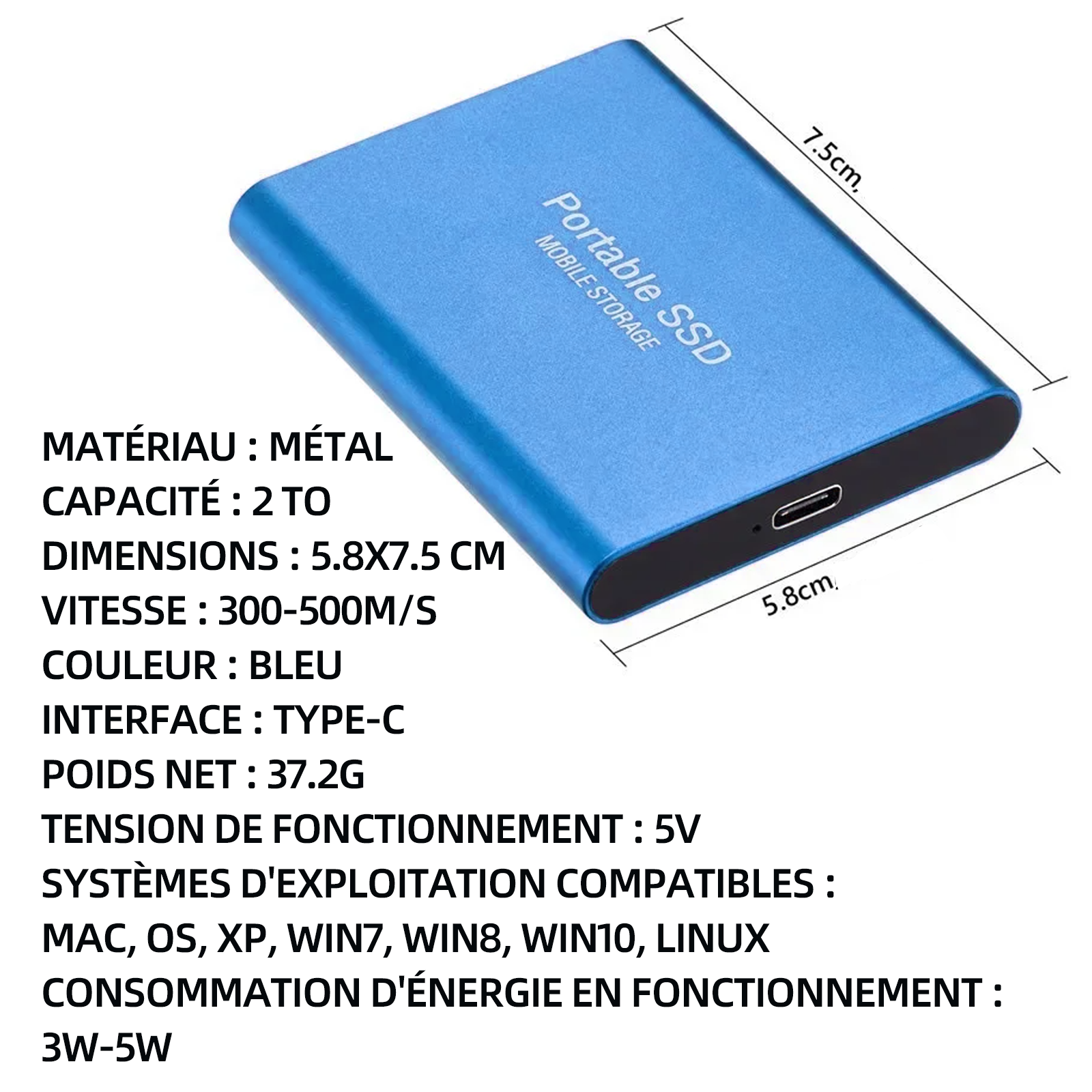 Disque dur 5.8x7.5cm bleu type-c d'état solides ultraminces disque dur externe 1to ssd externe disque dur ssd disque dur externe