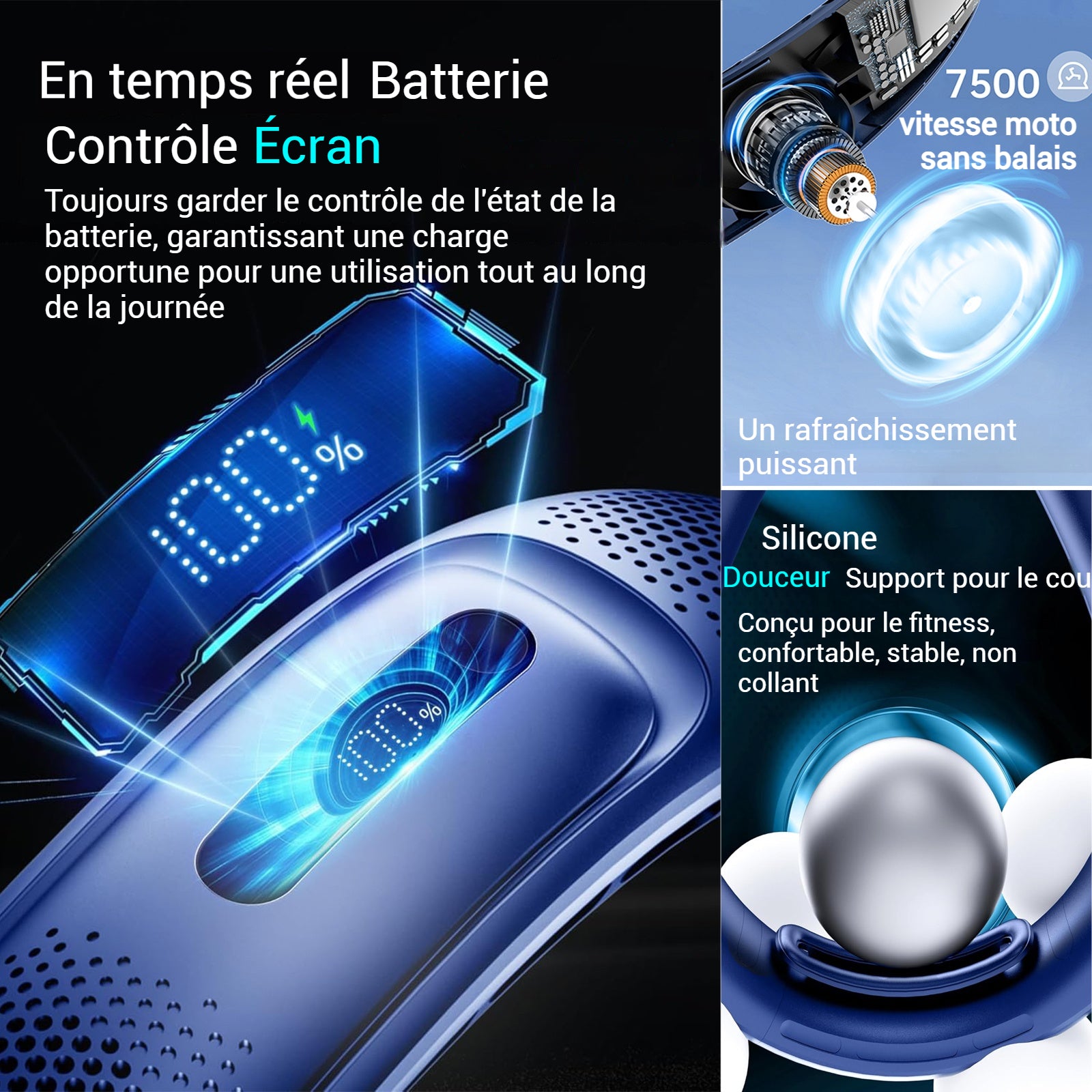 Ventilateur de cou sans fil 4000mah 5600rpm 5w avec affichage numérique 3 vitesses réglable ventilateur portable éventail de cou