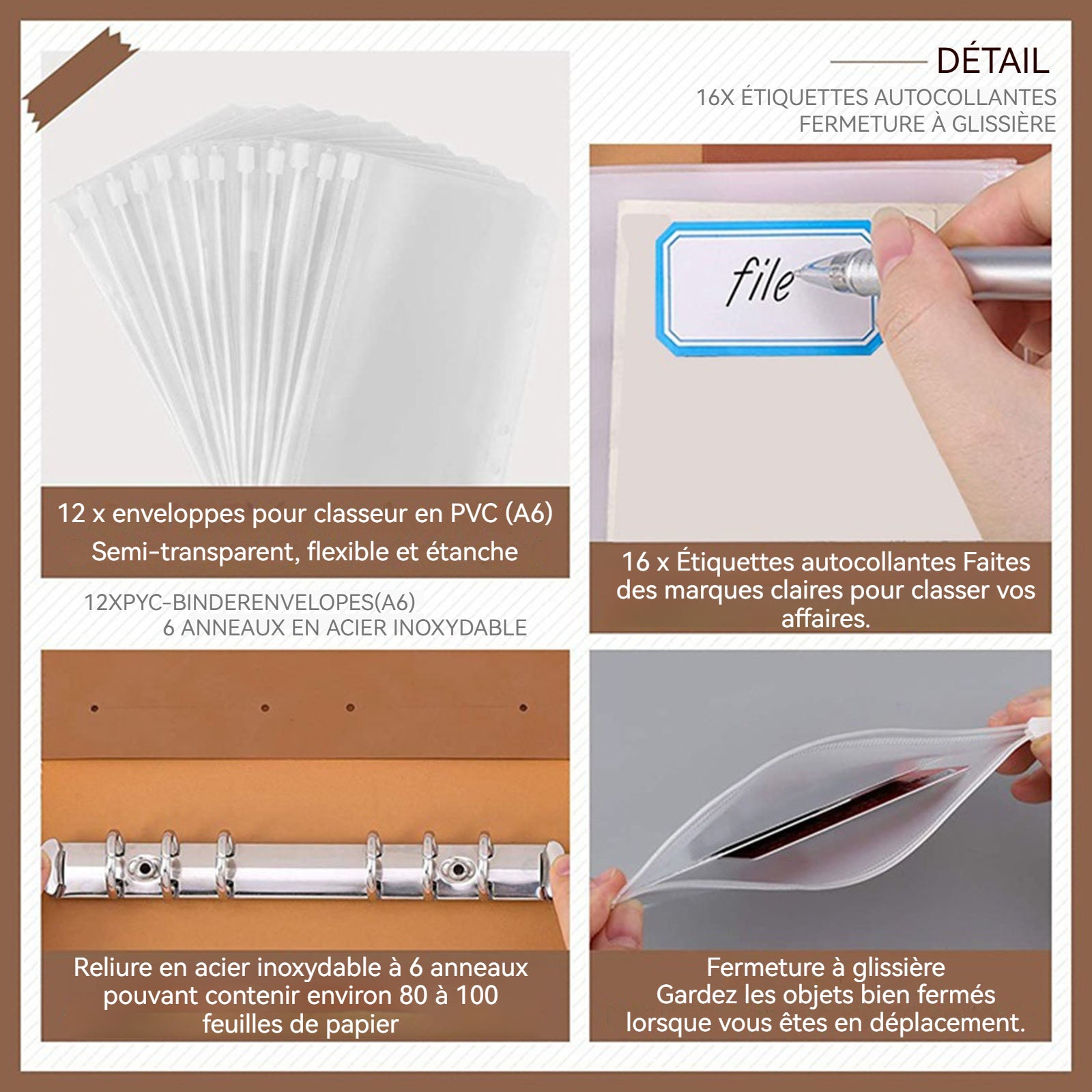 arnet A6 livre de comptes ordinateurs portables professionnels note cuir PU brun 12 sachets transparents/1 étiquette 16 grilles