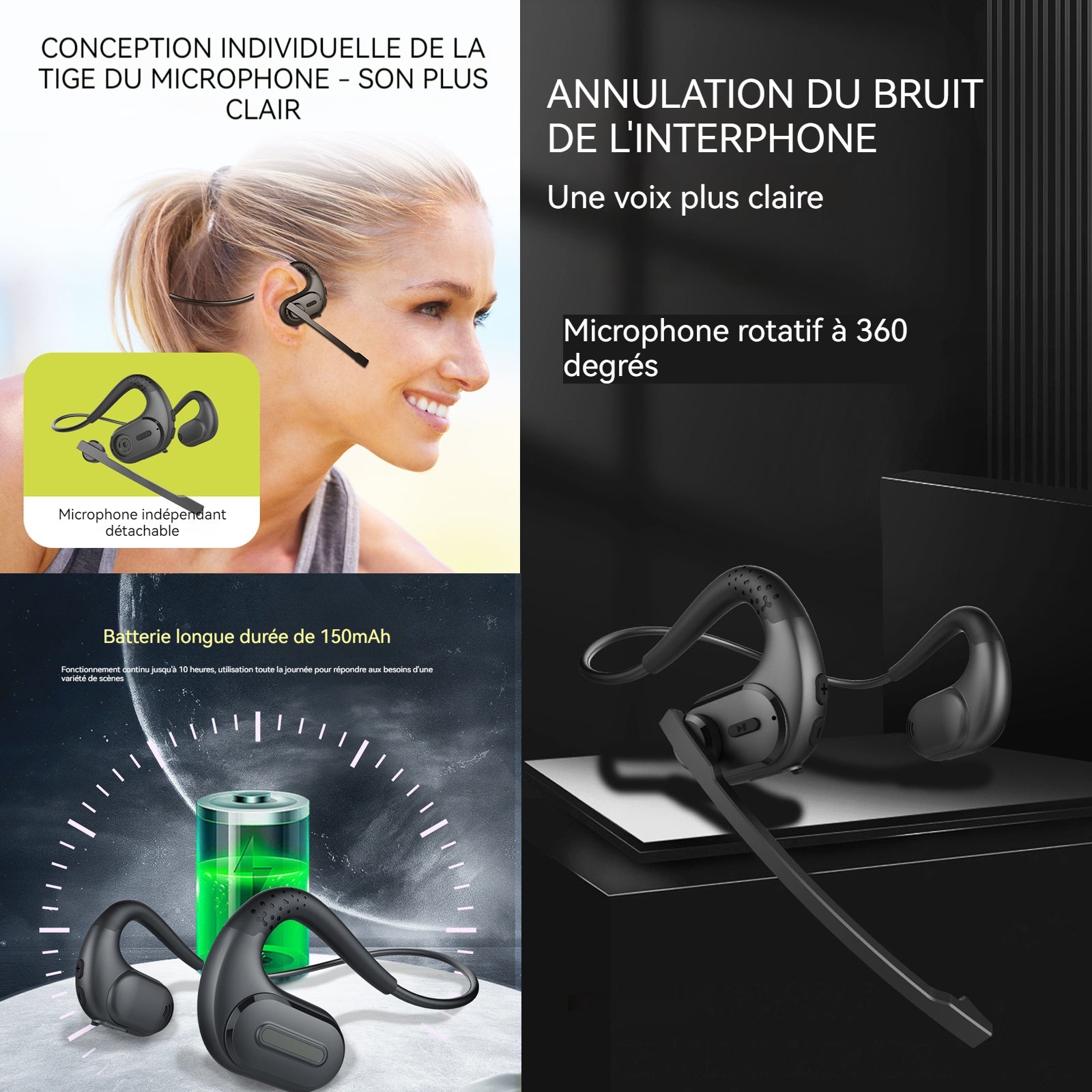 Casque Bluetooth à conduction osseuse télécommande audio canal stéréo microphone unique algorithme réduction du bruit d'appel