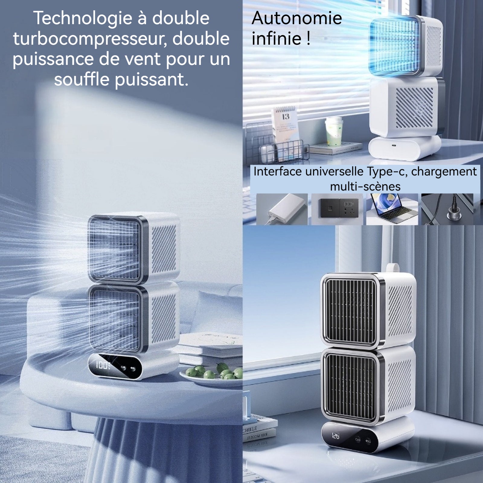 Ventilateur de bureau 4000mah réglage à 6 vitesses rotation automatique à double couche 12x12x30cm ventilateur à affichage numérique