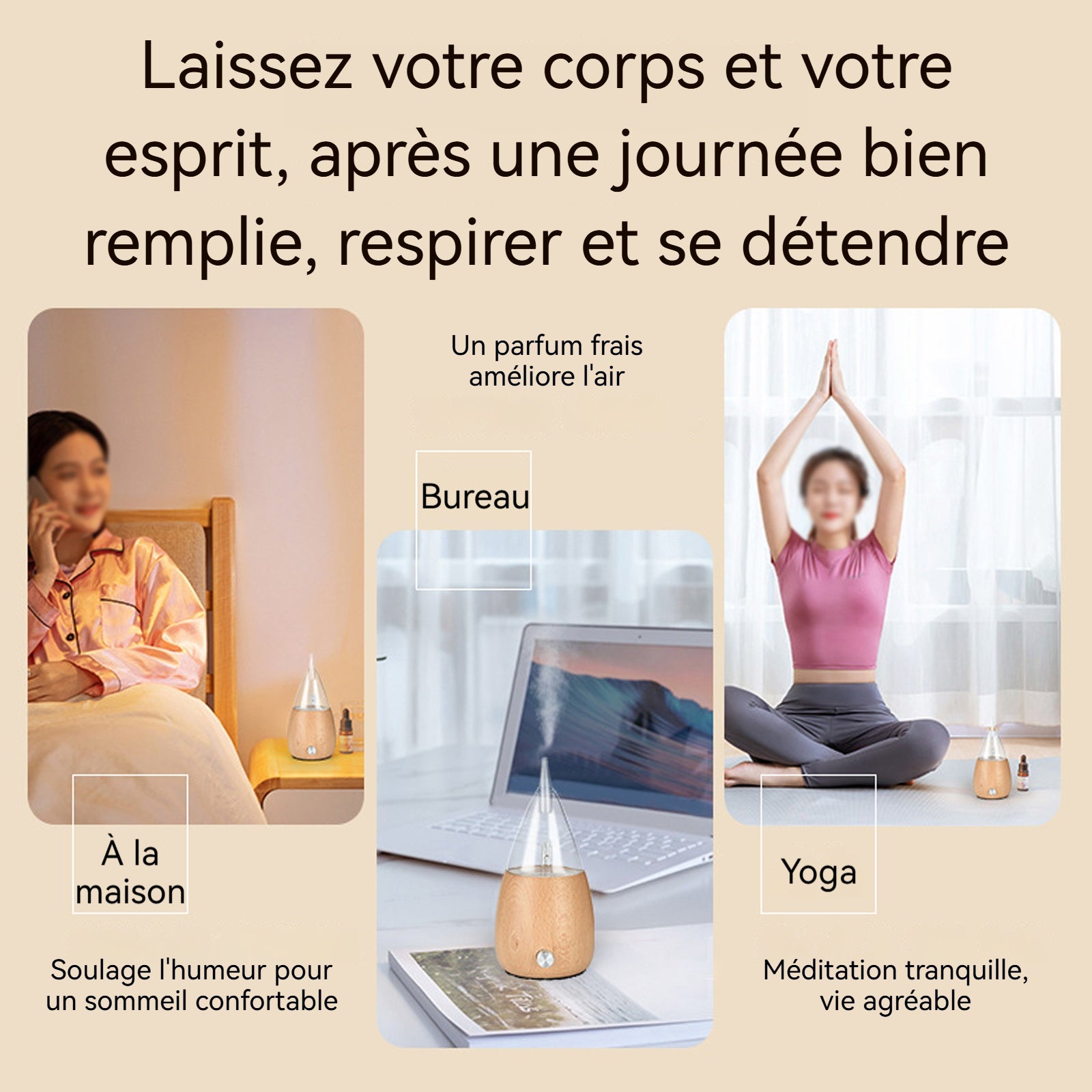 Appareil d'aromathérapie 50ml 9x15cm lumières colorées base en bois faite main antidérapante diffuseur d'arômes par atomisation