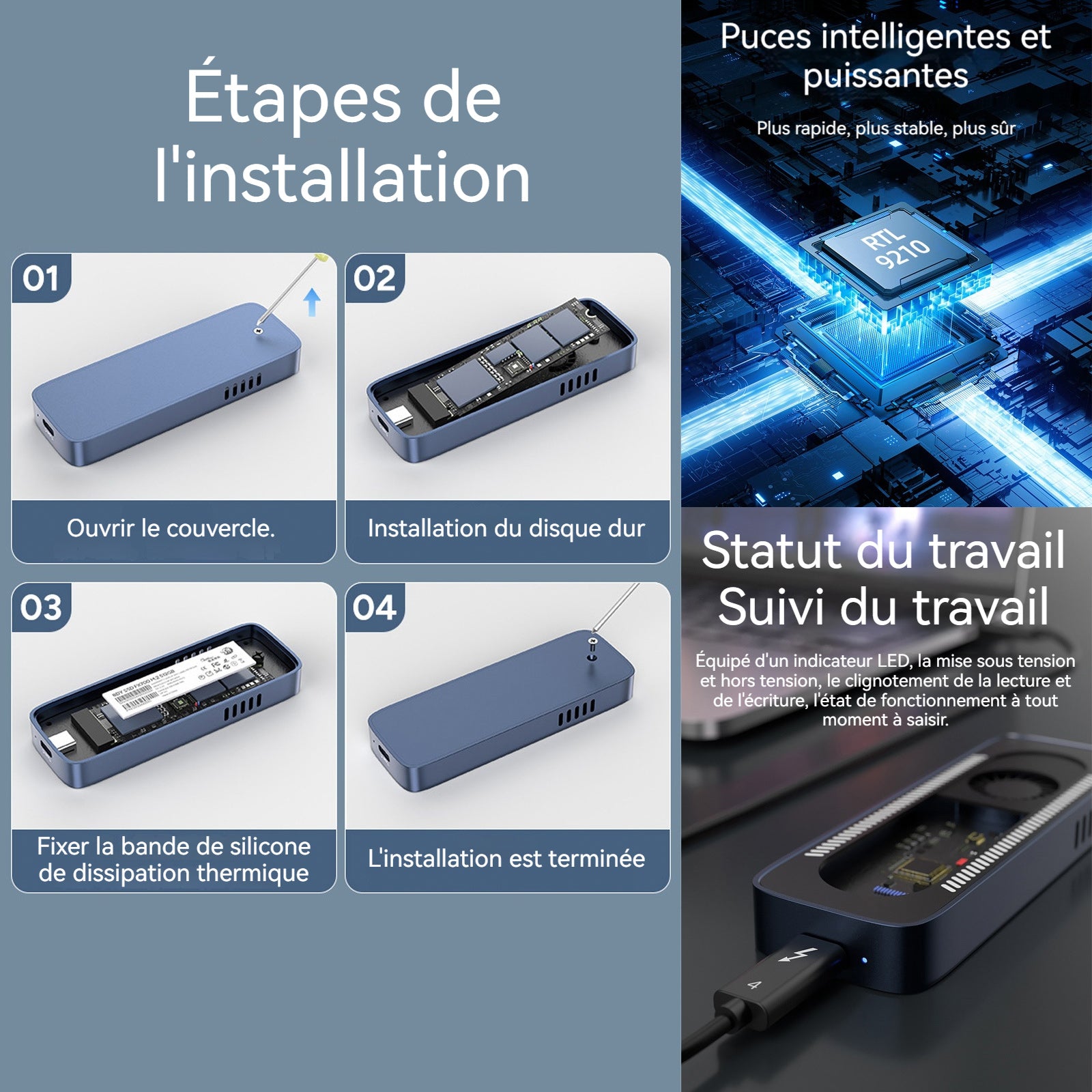 Boîtier SSD M2 NVMe usb3.2 10gbps avec ventilateur compatible boîtier de disque portable grande vitesse pour 2230/2242/2260/2280