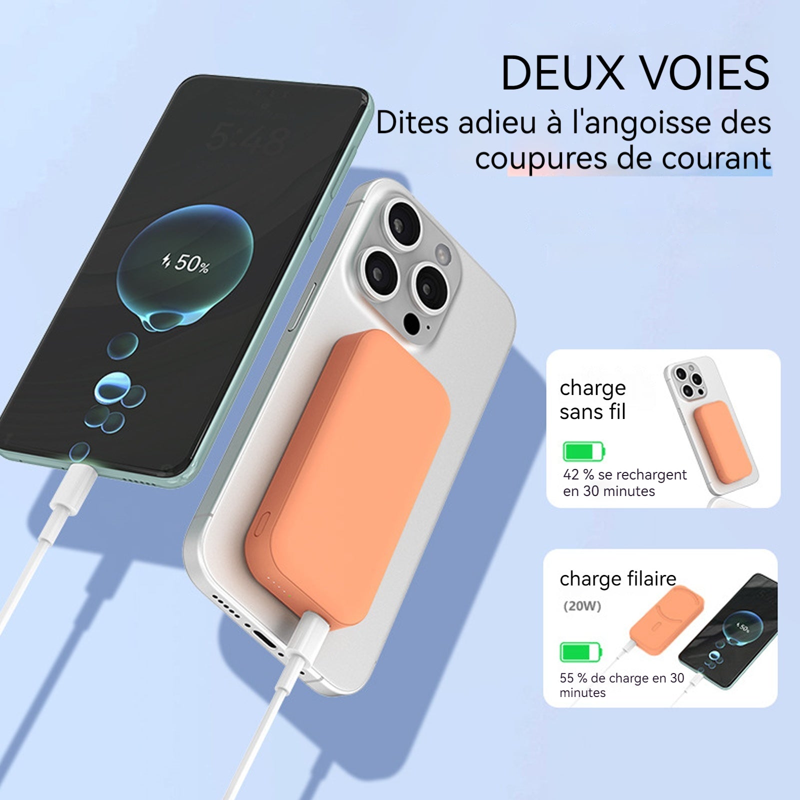 Batterie externe magnétique 5000mah 18w power bank batterie externe magnétique sans fil et filaire chargeur ultra fin couleur orange